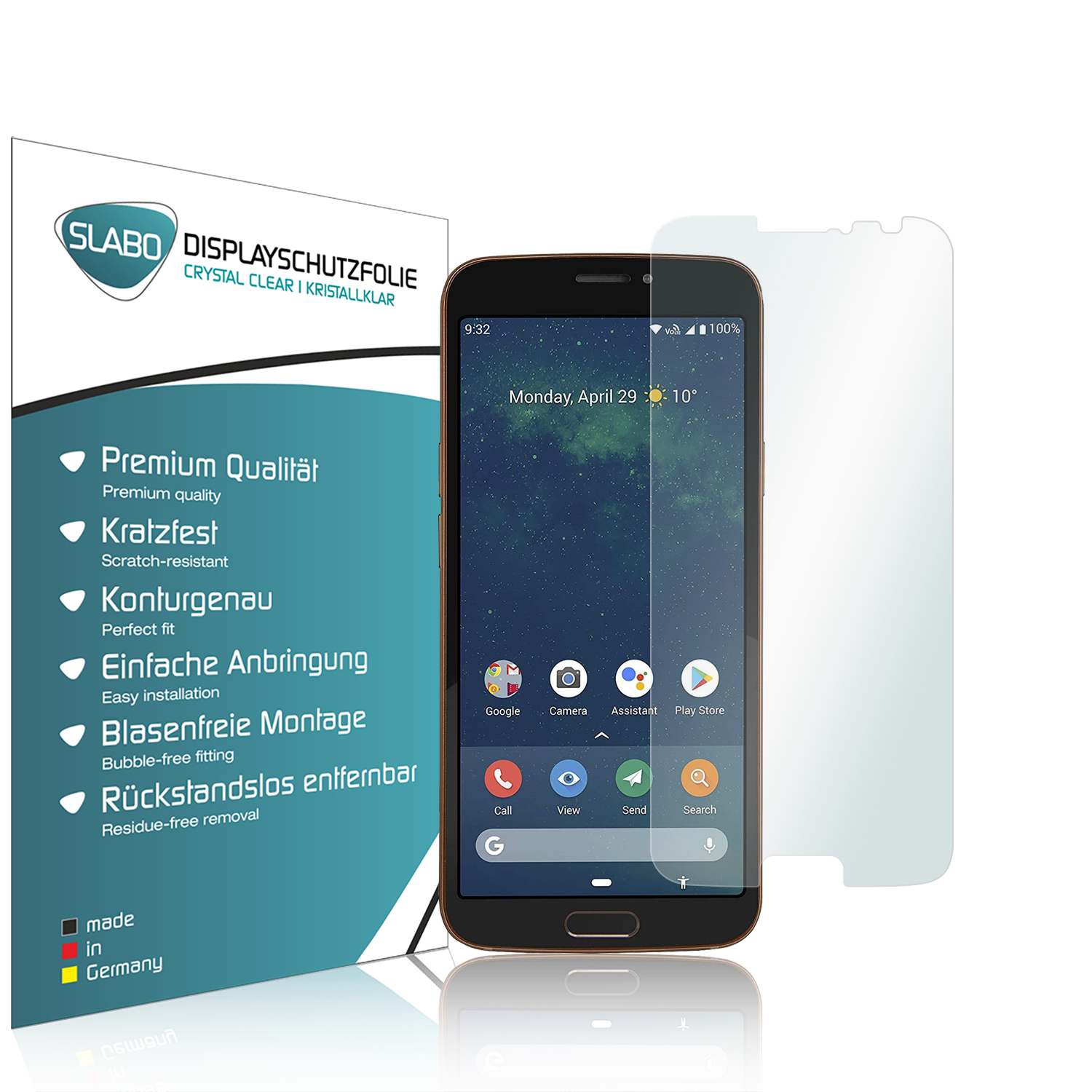 Ein Smartphone mit Displayschutzfolie und einer Displayschutzfolienbox.