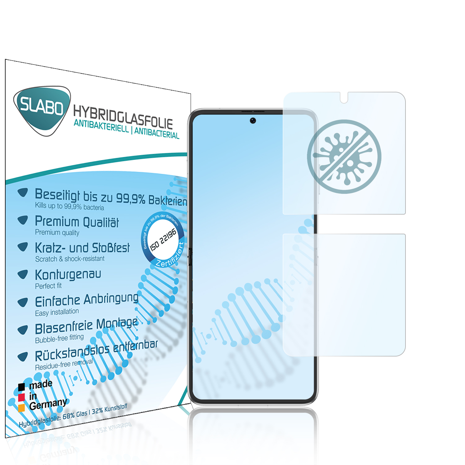 Displayschutzfolienverpackung mit Telefon und Schutzfolie, Text zum Bakterienschutz.