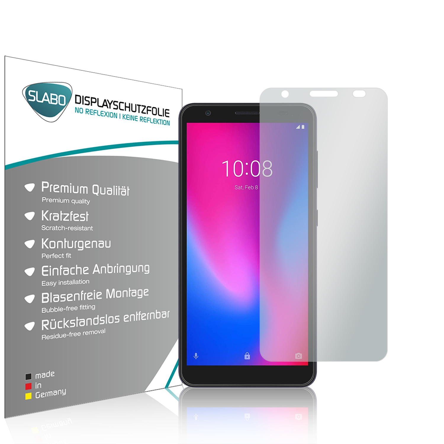 Telefon mit Displayschutz, Verpackung und Text. Zeigt ein Telefon mit pinkem und lila Bildschirm.