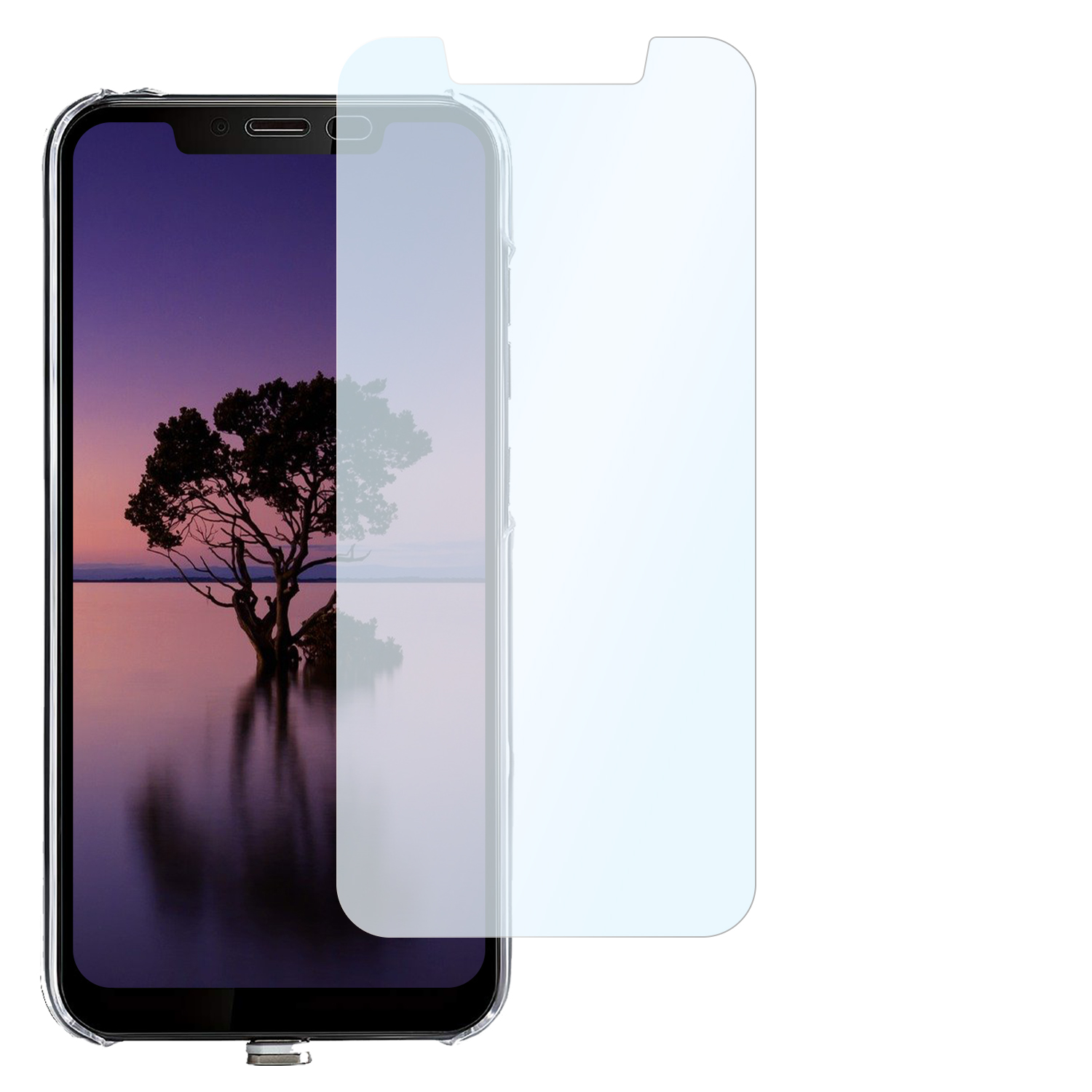 Smartphone mit Displayschutz. Der Bildschirm zeigt eine malerische Aussicht auf einen Baum. Weißer Hintergrund.