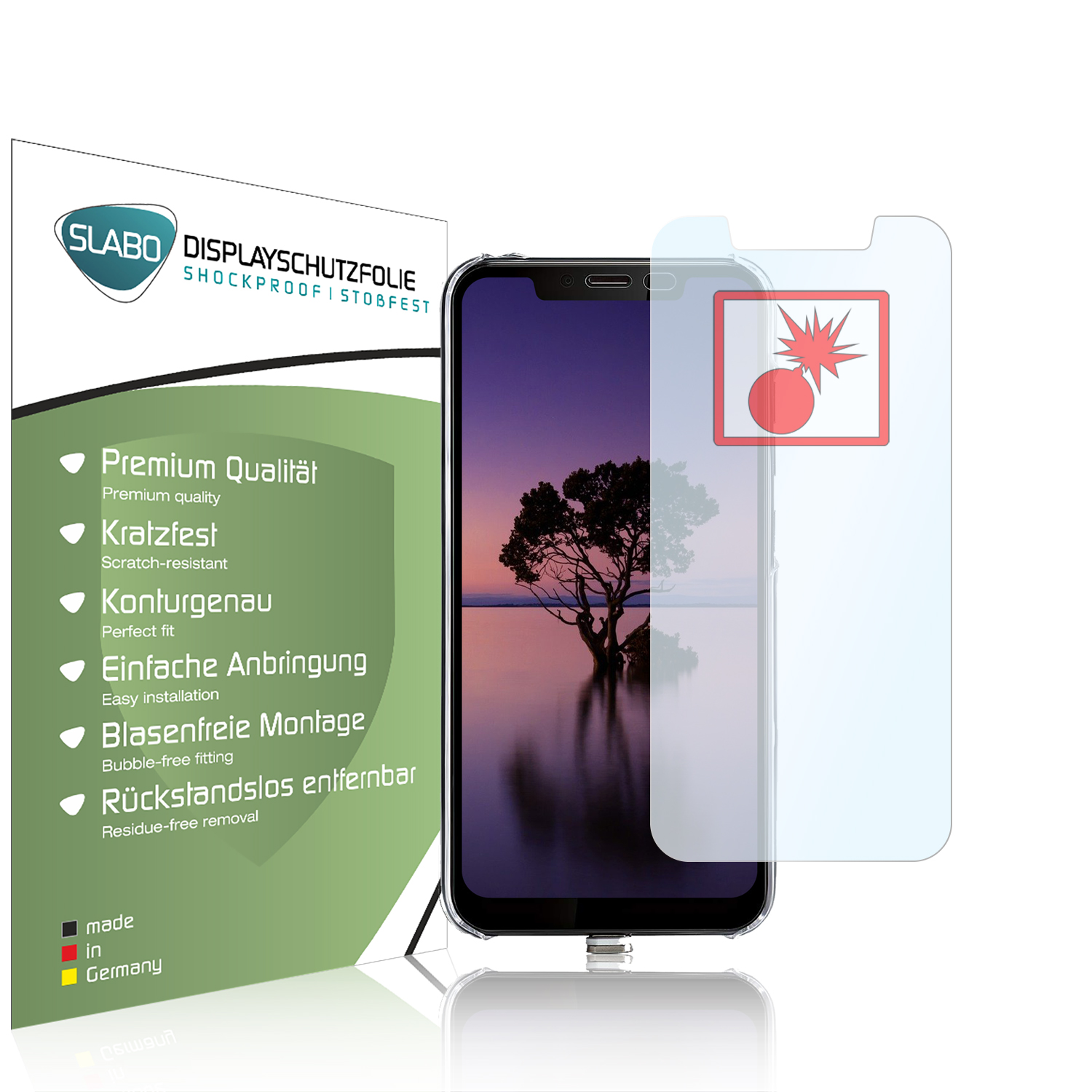 Telefon mit Displayschutzfolie und Verpackung, mit Text. Weißer Hintergrund.