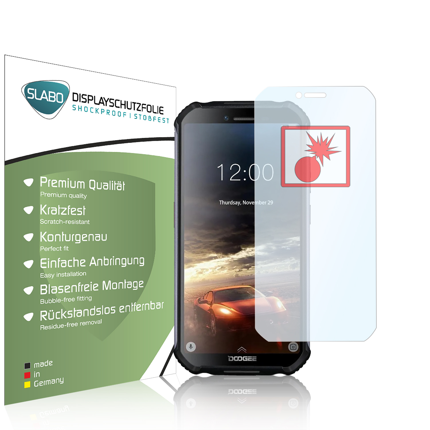 Ein Telefonbildschirm mit aufgebrachter Displayschutzfolie, Text und rotes Explosionssymbol.