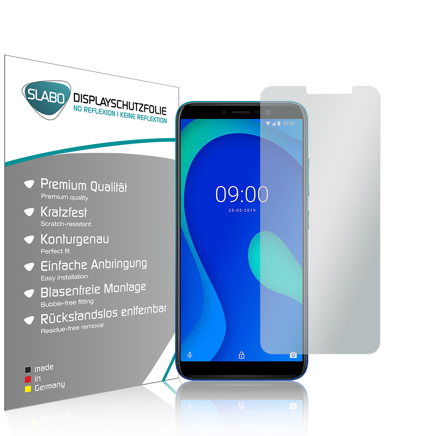 Ein Telefon und Displayschutz. Das Telefon hat einen Bildschirm mit der Uhrzeit 09:00.