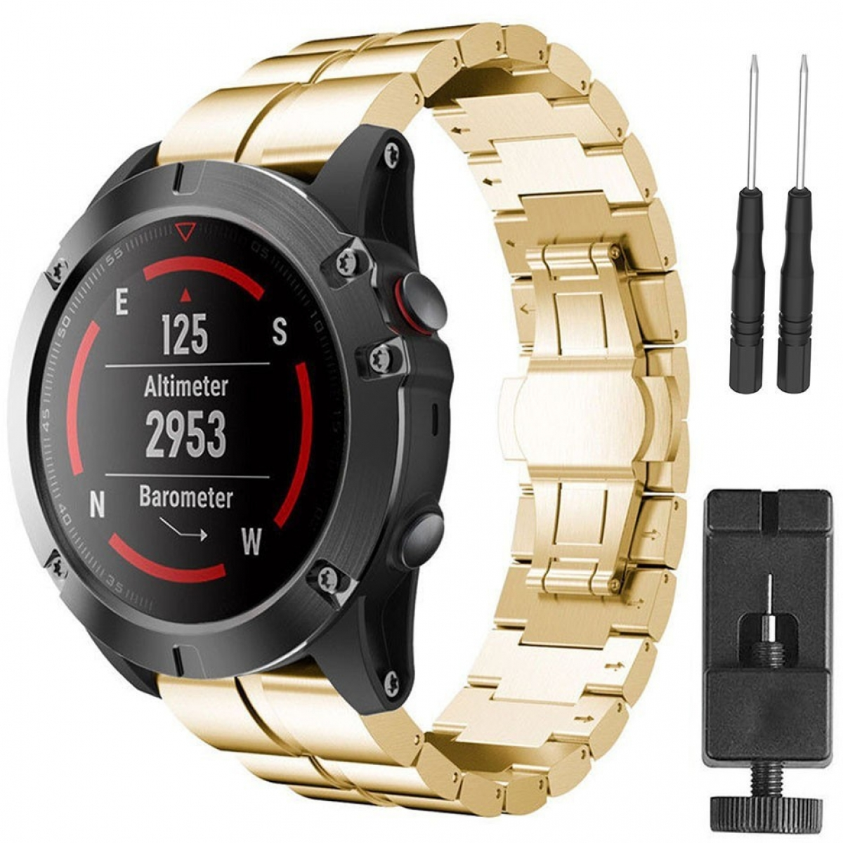 Smartwatch mit goldenem Armband und Zubehör.