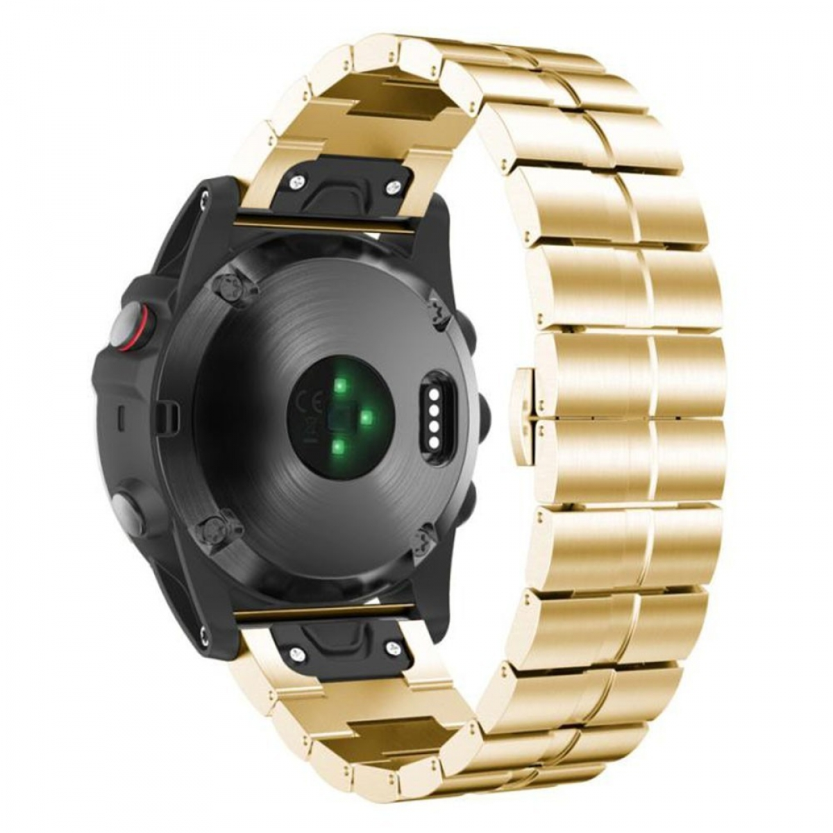 Eine Uhr mit einem goldenen Metallband daran befestigt.