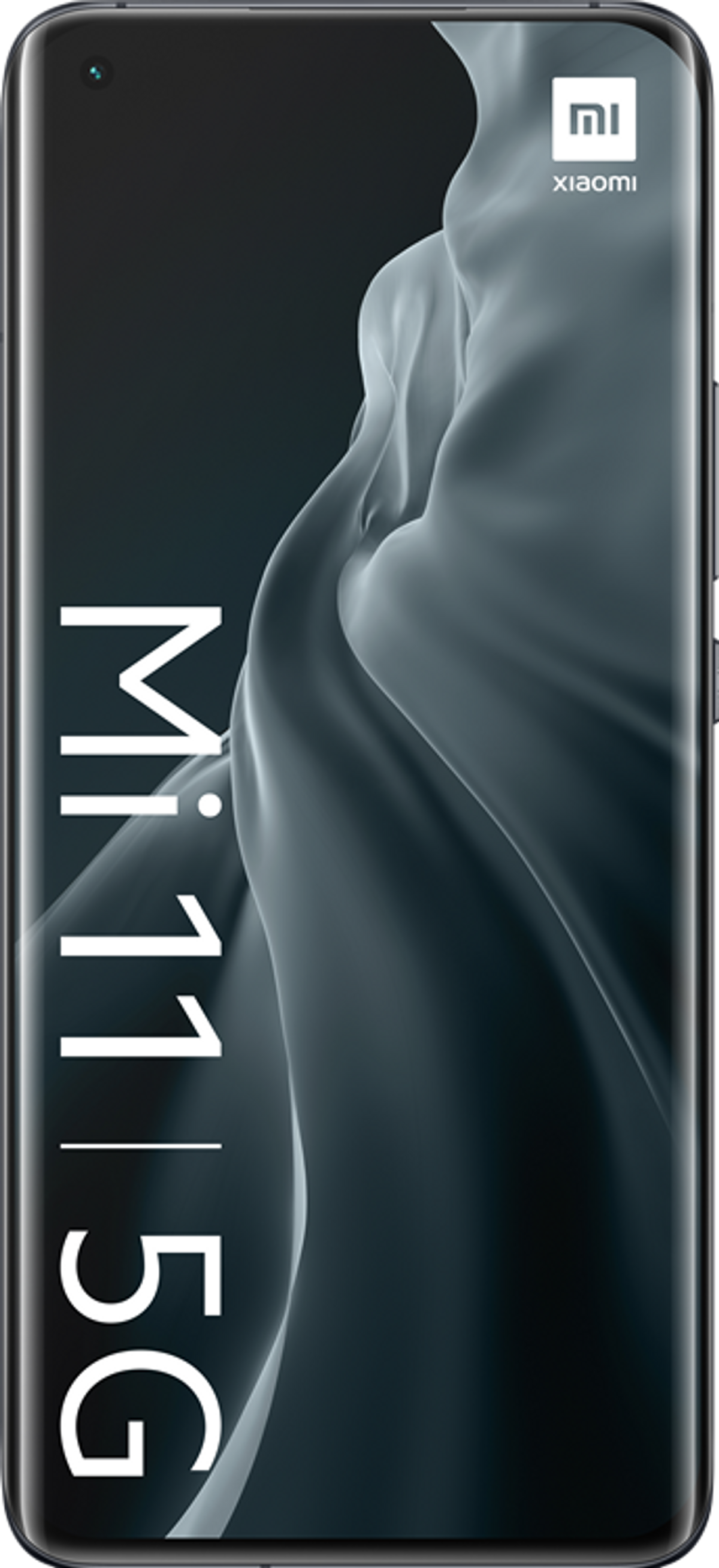 Smartfon z zakrzywionym ekranem. Telefon jest czarny z białym napisem 'MI 11 5G'.