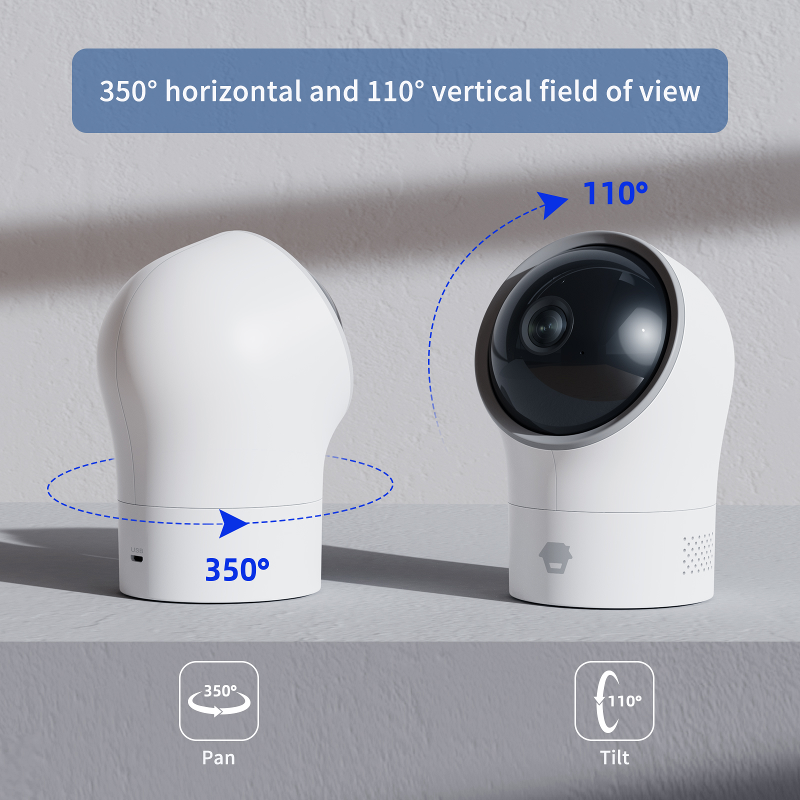 Due telecamere di sicurezza bianche con etichette che mostrano campi visivi di 350° e 110°.