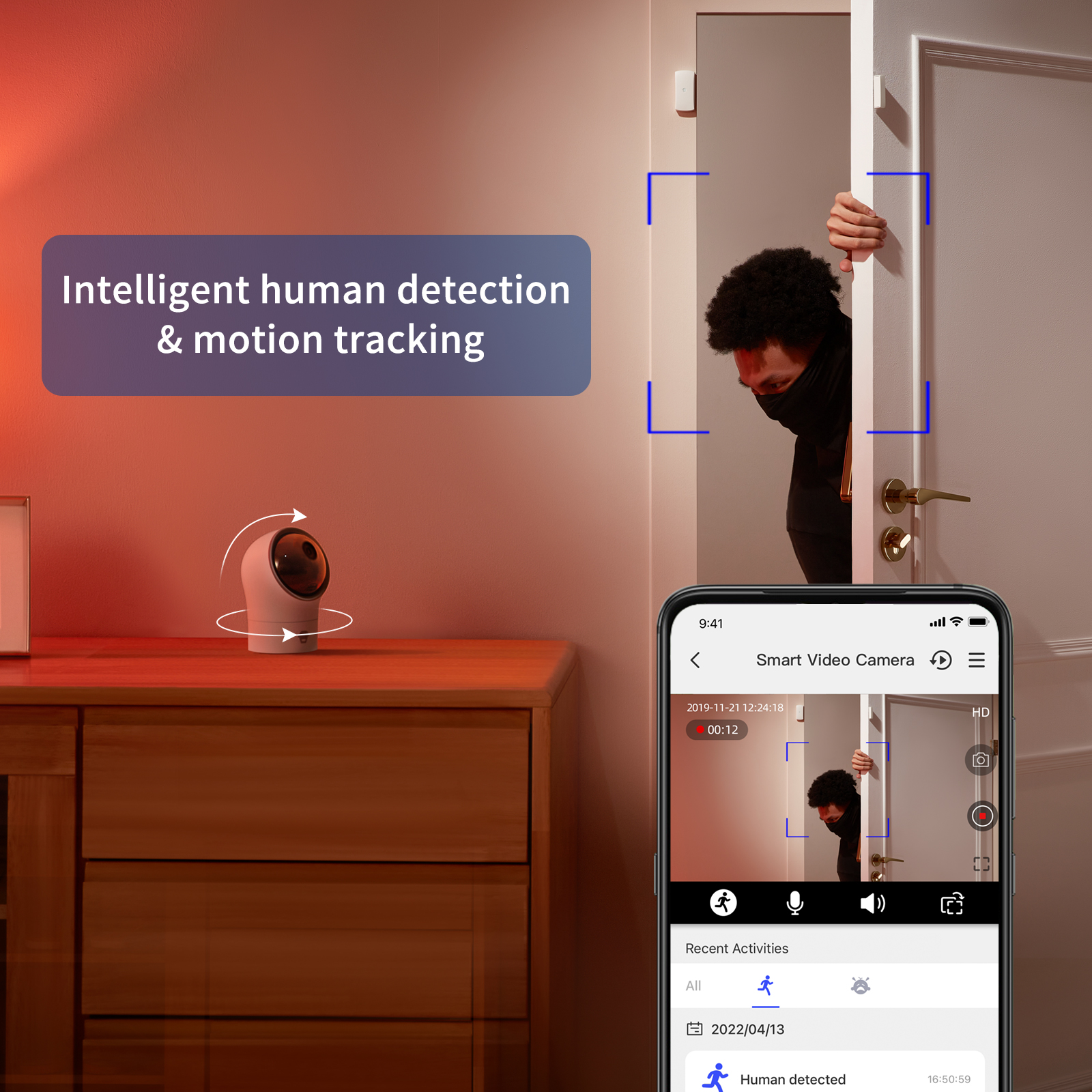 Telecamera di sicurezza intelligente, schermo del telefono e una persona che sbircia attraverso un telaio della porta.