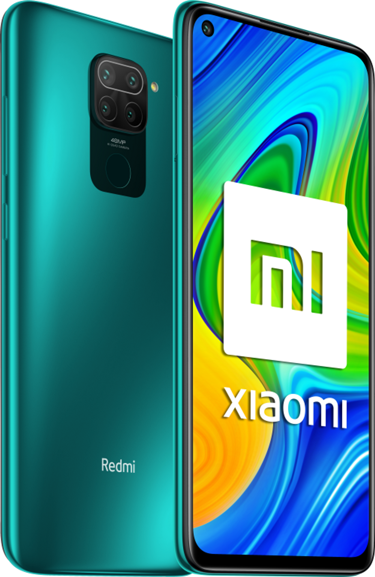 Turkusowy telefon Xiaomi Redmi z logo Xiaomi na ekranie i logo Redmi na plecach.