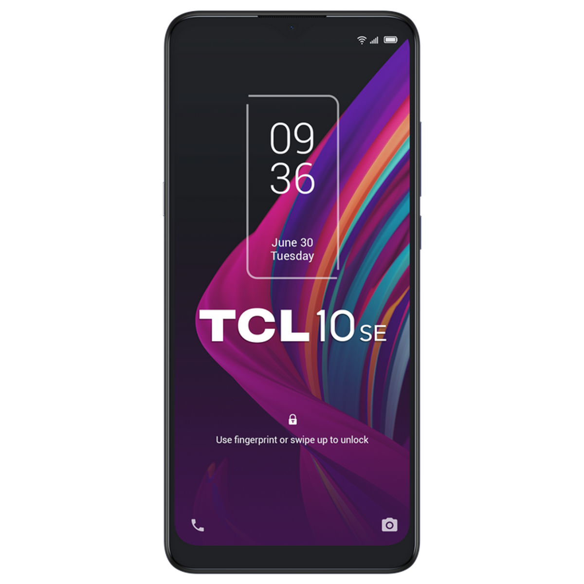 Telefono TCL nero con schermo colorato, mostra ora e data, simbolo di blocco.
