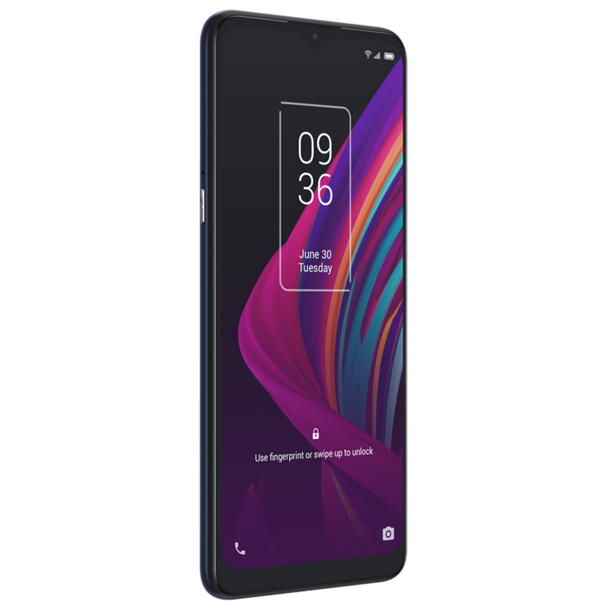Uno smartphone nero con display colorato. Lo schermo mostra ora e data.