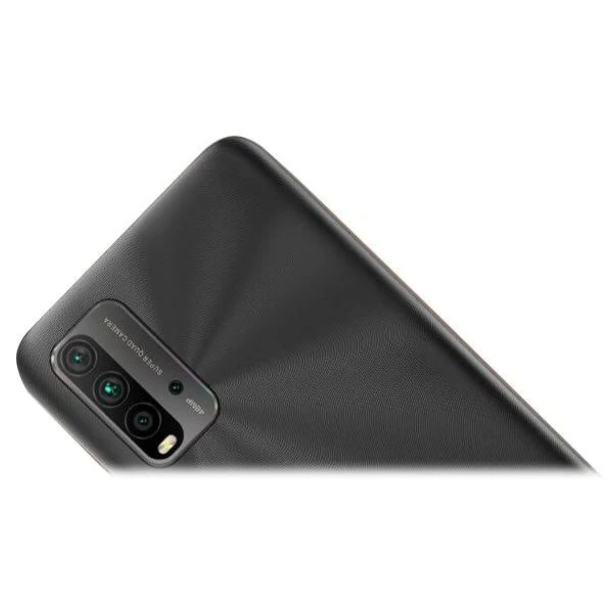 Primo piano di uno smartphone nero con tre fotocamere e la scritta "Super Quad Camera".
