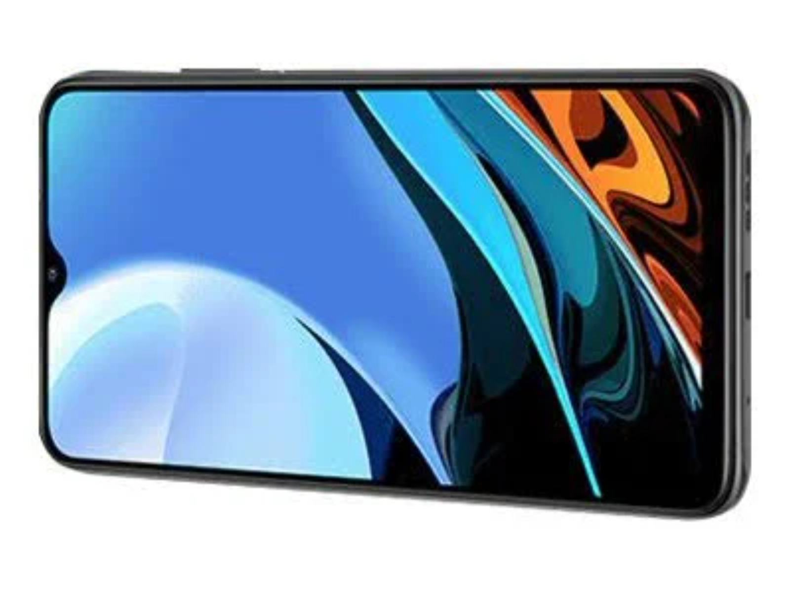 Uno smartphone con un'immagine astratta blu e bianca brillante sullo schermo.