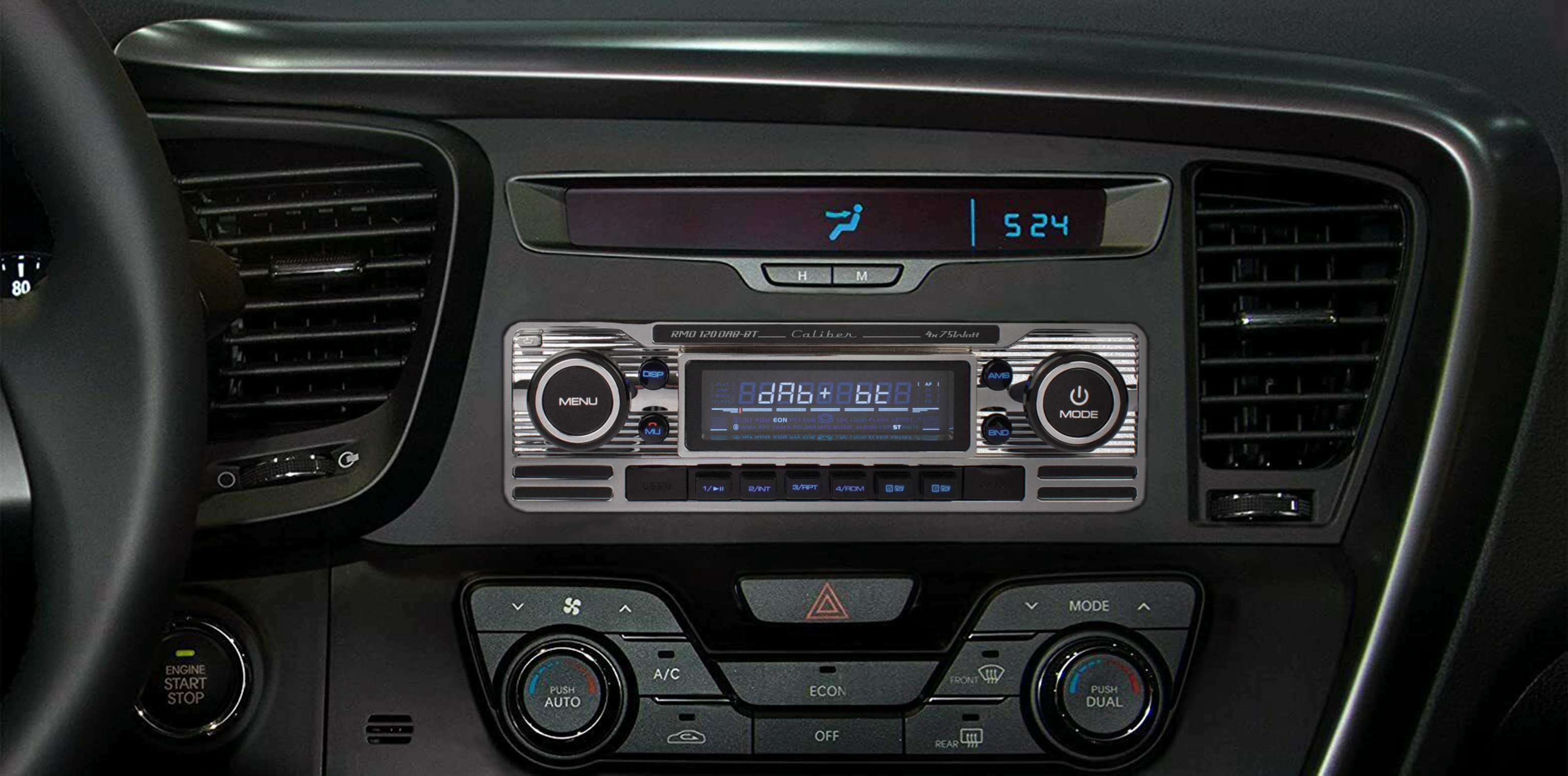 Car dashboard with a radio and climate controls. Black and silver. White background.