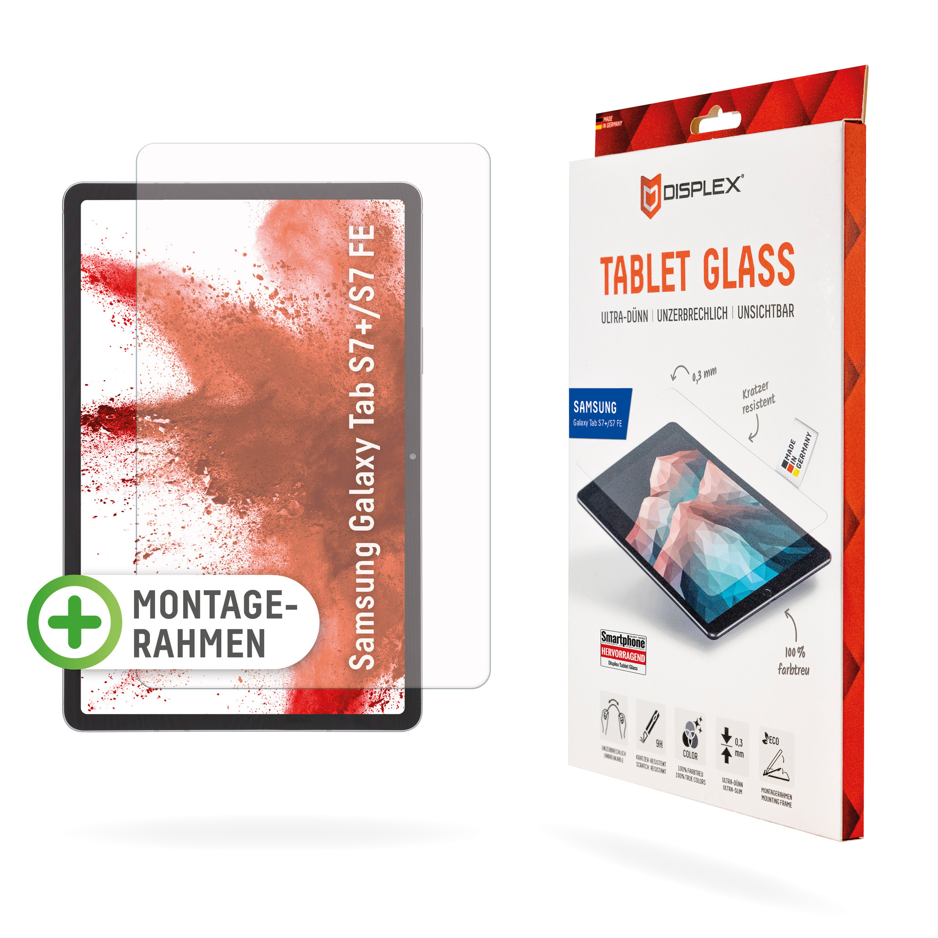 Un tablet con una protezione per lo schermo e una scatola. La scatola dice Tablet Glass.