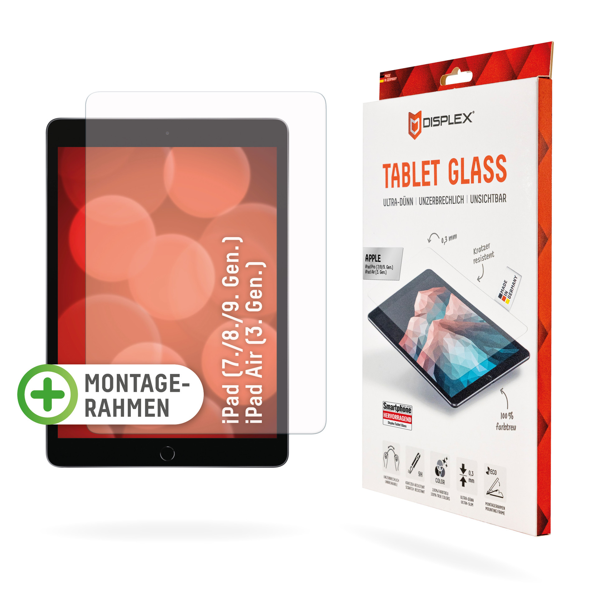 Proteggi schermo per tablet e scatola. Tablet con protezione accanto alla scatola.