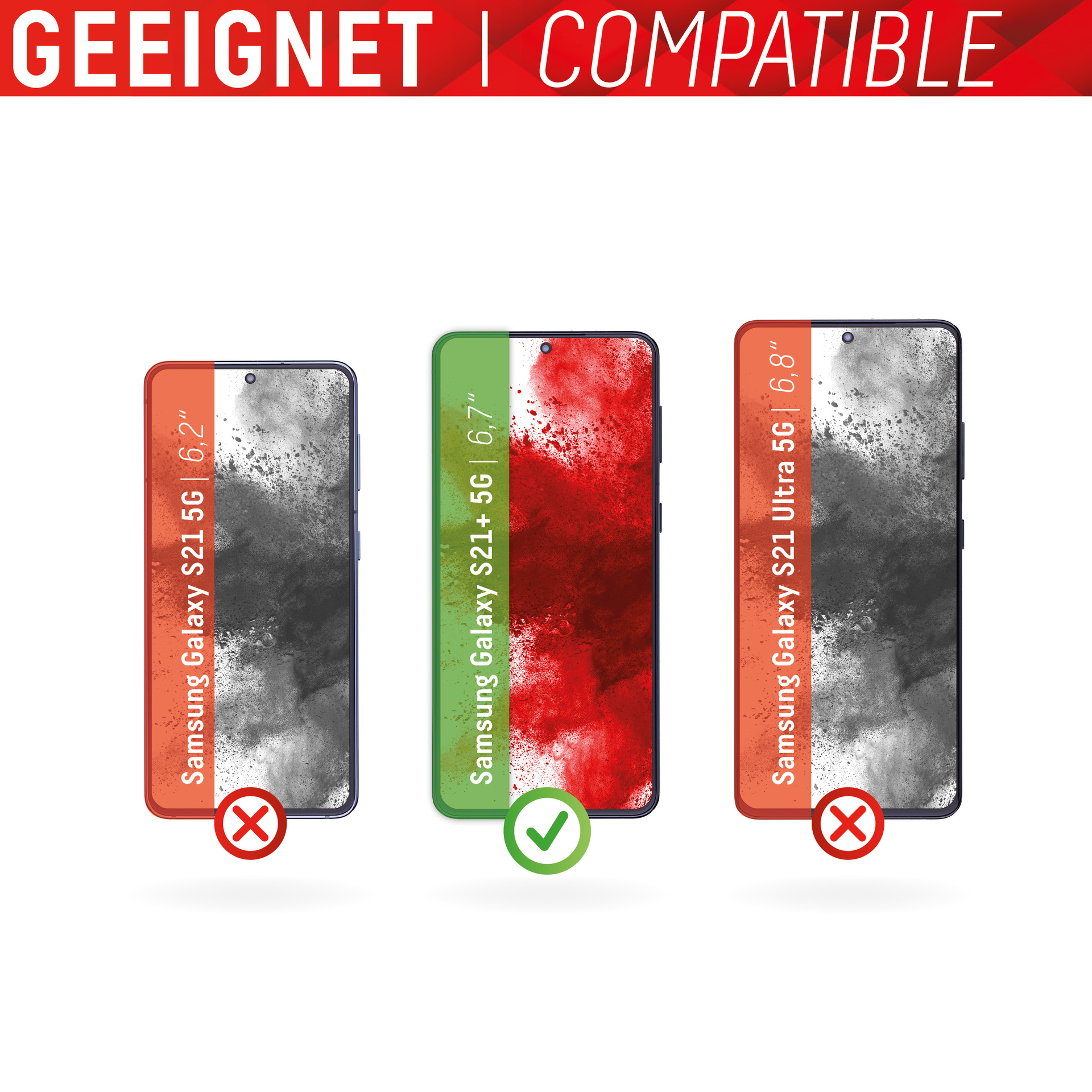 Drei Smartphones werden angezeigt, nur das mittlere ist kompatibel. Der obere Text zeigt in Rot und Weiß 'kompatibel'.