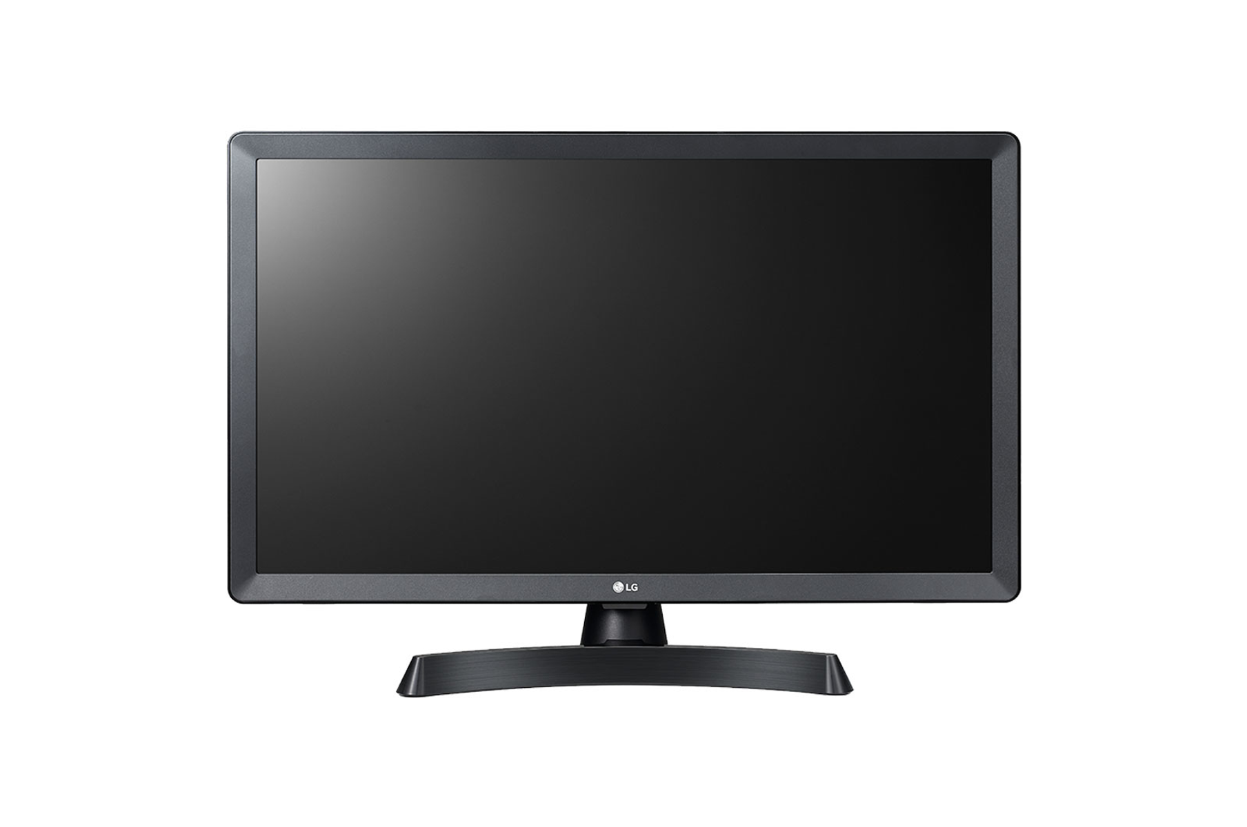Monitor LG nero su sfondo bianco, supporto e cornice neri, che mostra uno schermo vuoto.