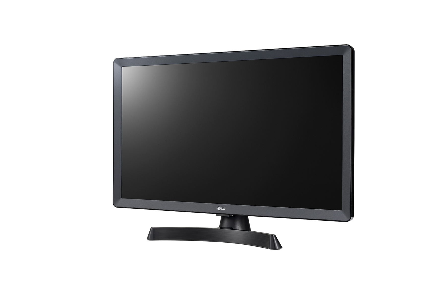 Un monitor LG, cornice e supporto neri, su sfondo bianco, leggermente inclinato a sinistra.
