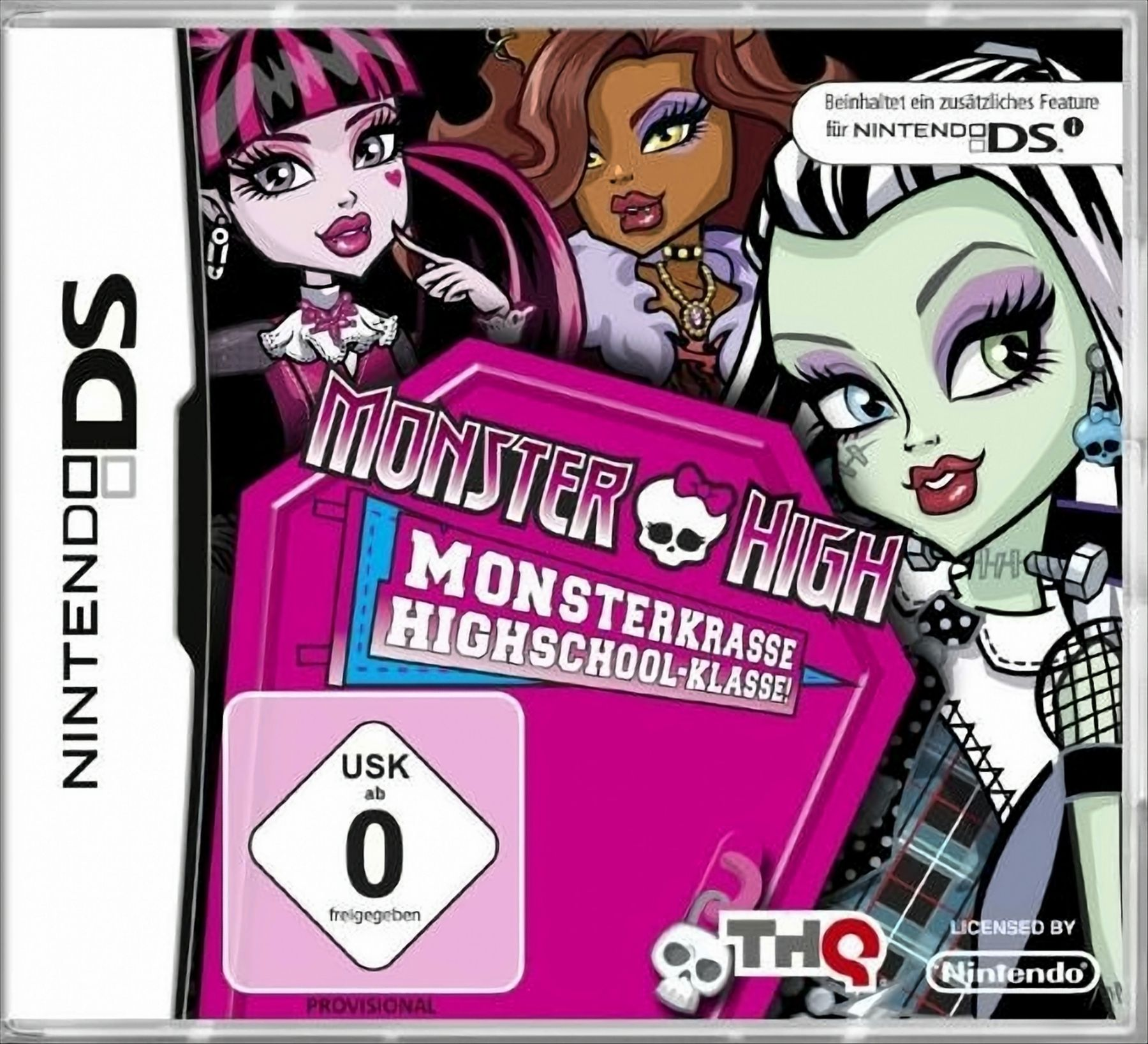 Monster High DS-Spielbox. Drei Zeichentrickfiguren auf dem Cover, pinkes und schwarzes Thema.