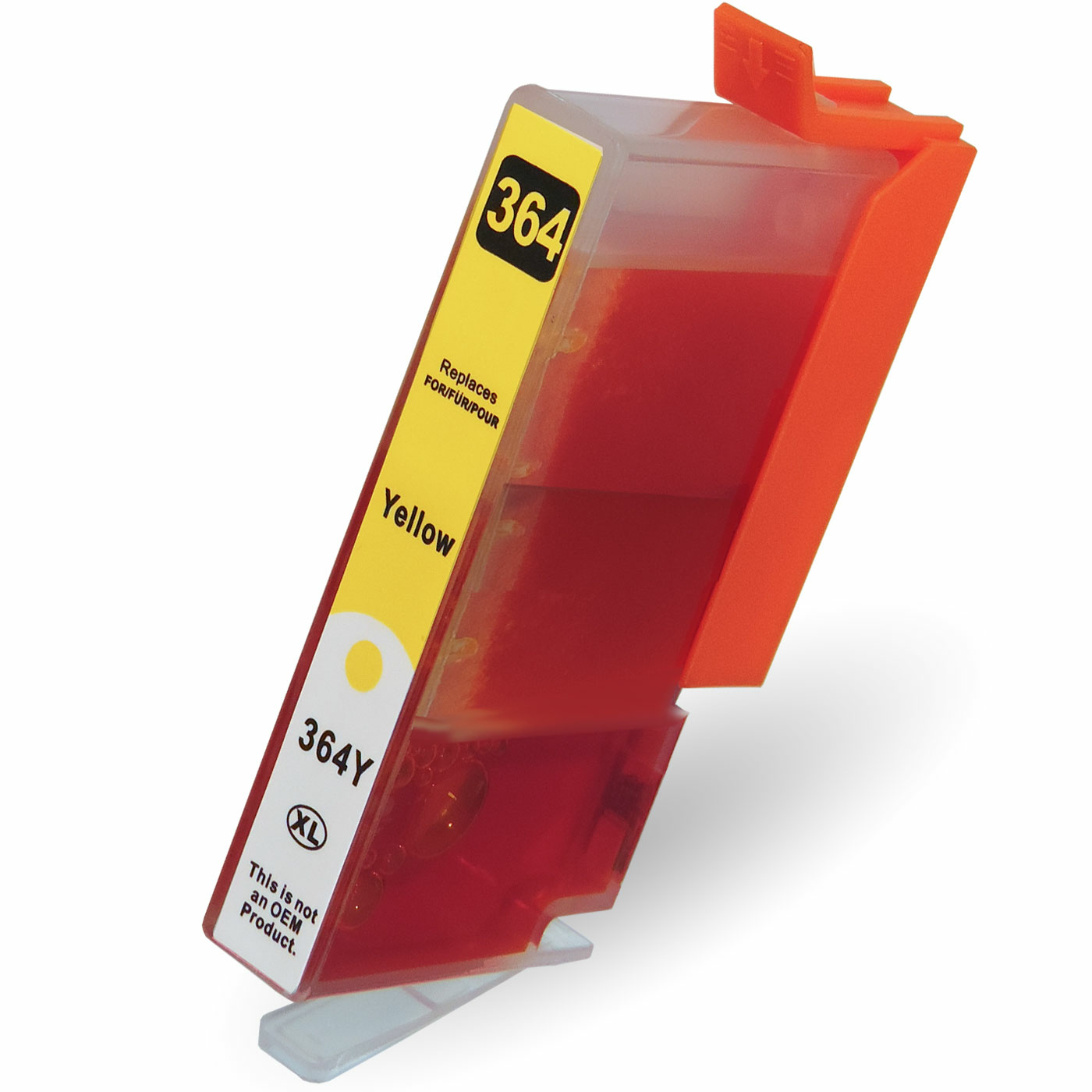 Gelbe Tintenpatrone mit gelbem Etikett. Die Patrone ist transparent und hat rote Tinte.