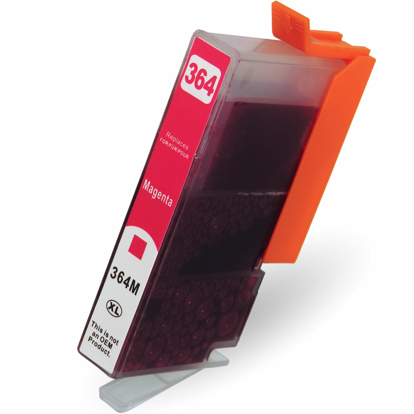 Magentatintenpatrone, beschriftet mit '364'. Die Patrone ist transparent mit magentafarbener Tinte. Orange und weiß.