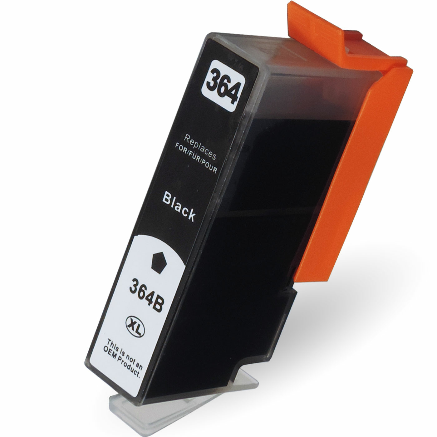 Schwarze Tintenpatrone mit schwarzer Tinte, beschriftet mit '364' und 'Black'. Sie hat einen orangen Deckel.