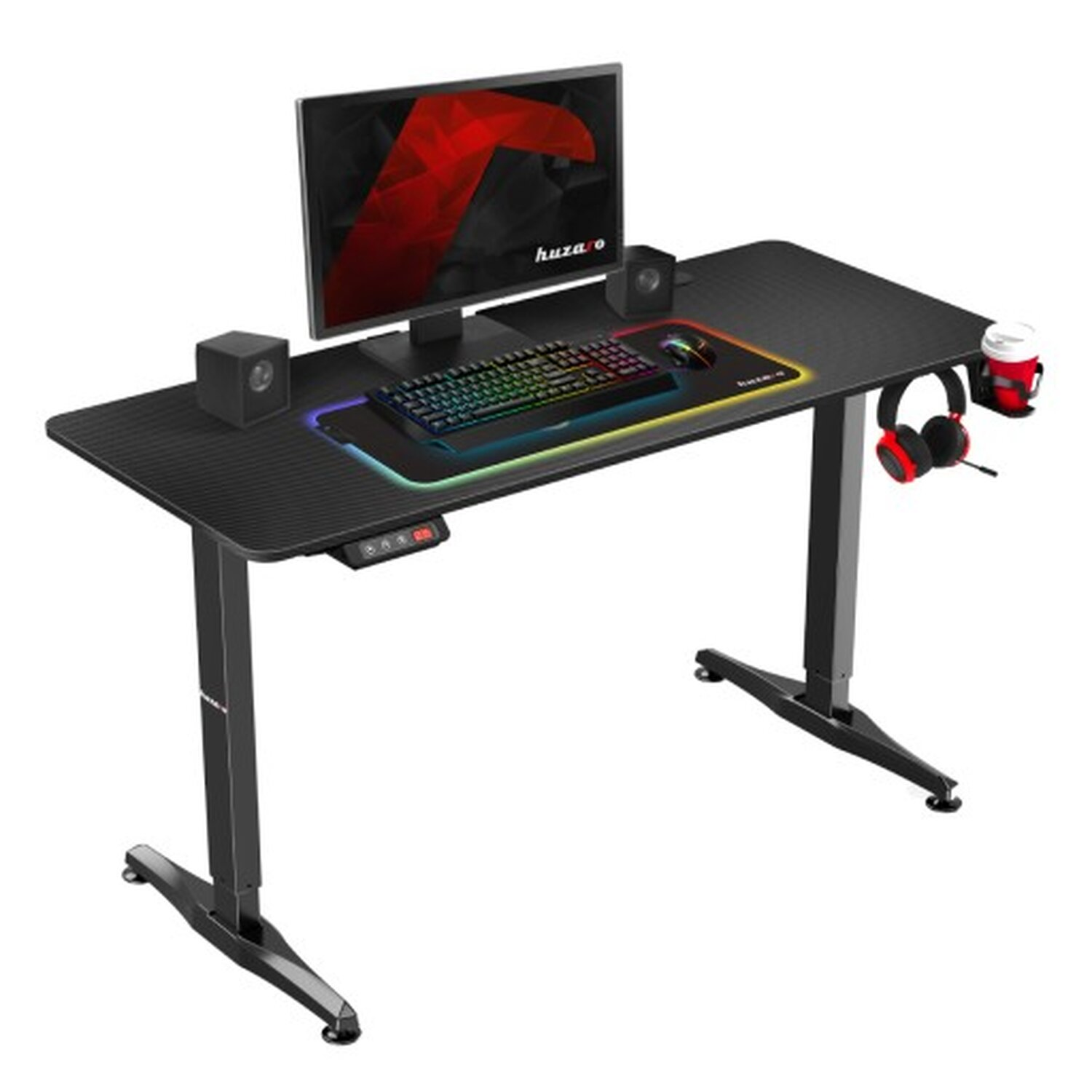 Gaming-Schreibtisch mit Monitor, Lautsprechern, Tastatur, Mauspad und Kopfhörern. Der Tisch ist höhenverstellbar.