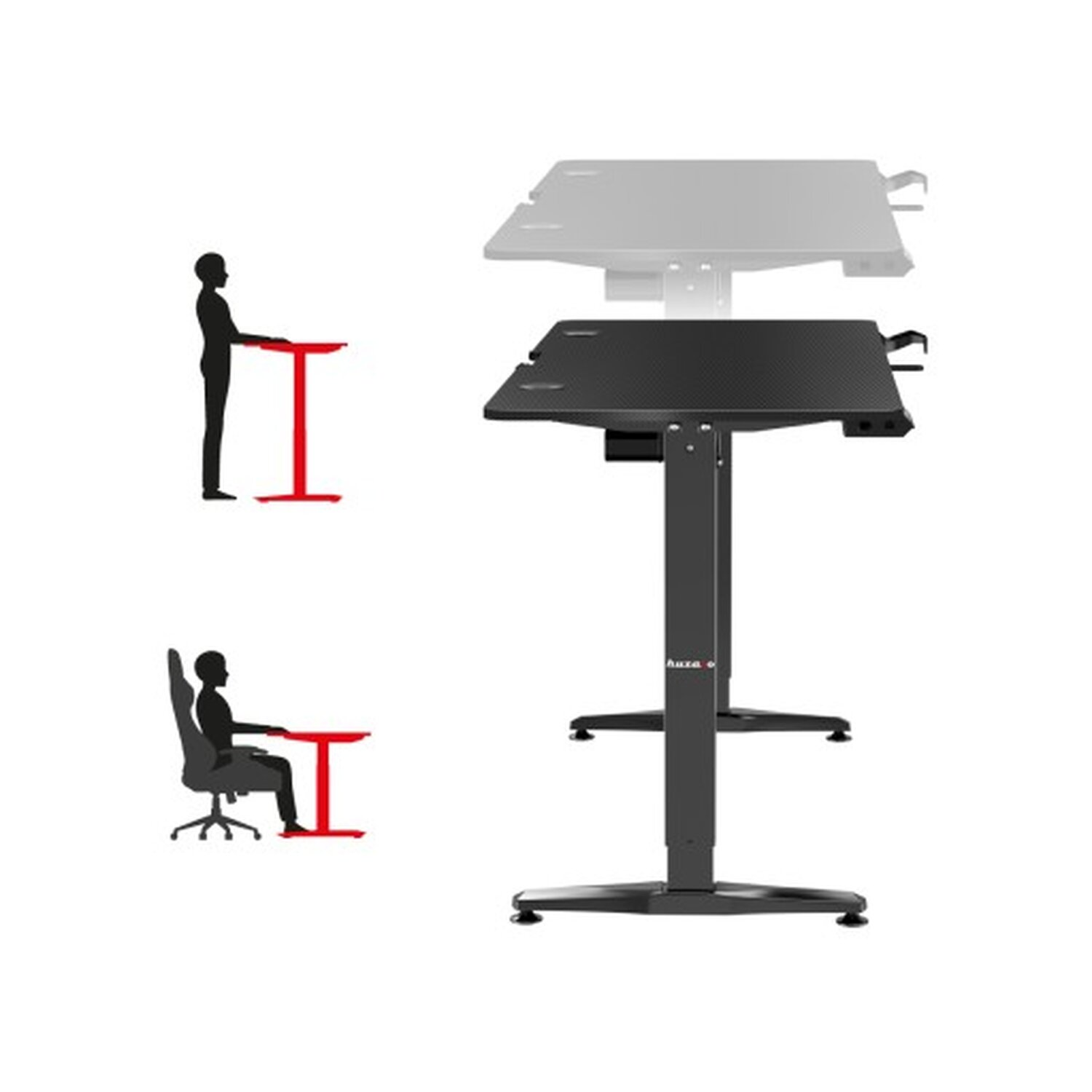 Ein schwarz-grauer, höhenverstellbarer Schreibtisch mit einer stehenden und sitzenden Person.