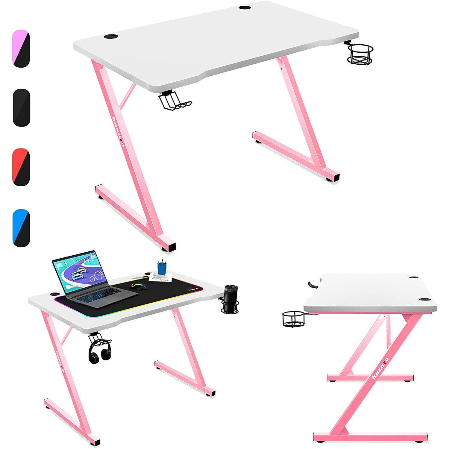 Rosa Gaming-Schreibtisch mit weißer Oberseite, Z-förmigen Beinen und Zubehör.