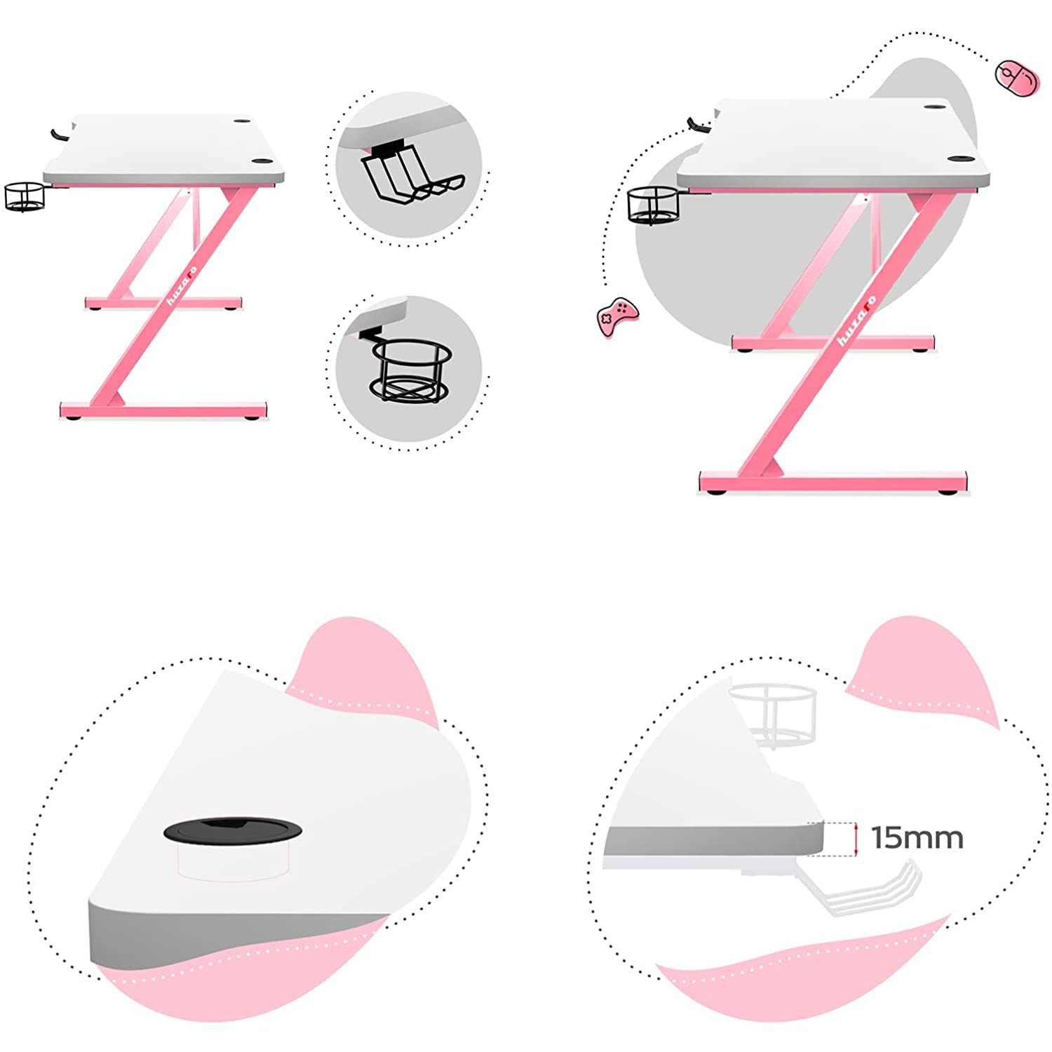 Ein rosa Gaming-Schreibtisch mit einem Z-förmigen Rahmen. Der Schreibtisch hat einen Getränkehalter und einen Kopfhörerhaken. Weißer Hintergrund.