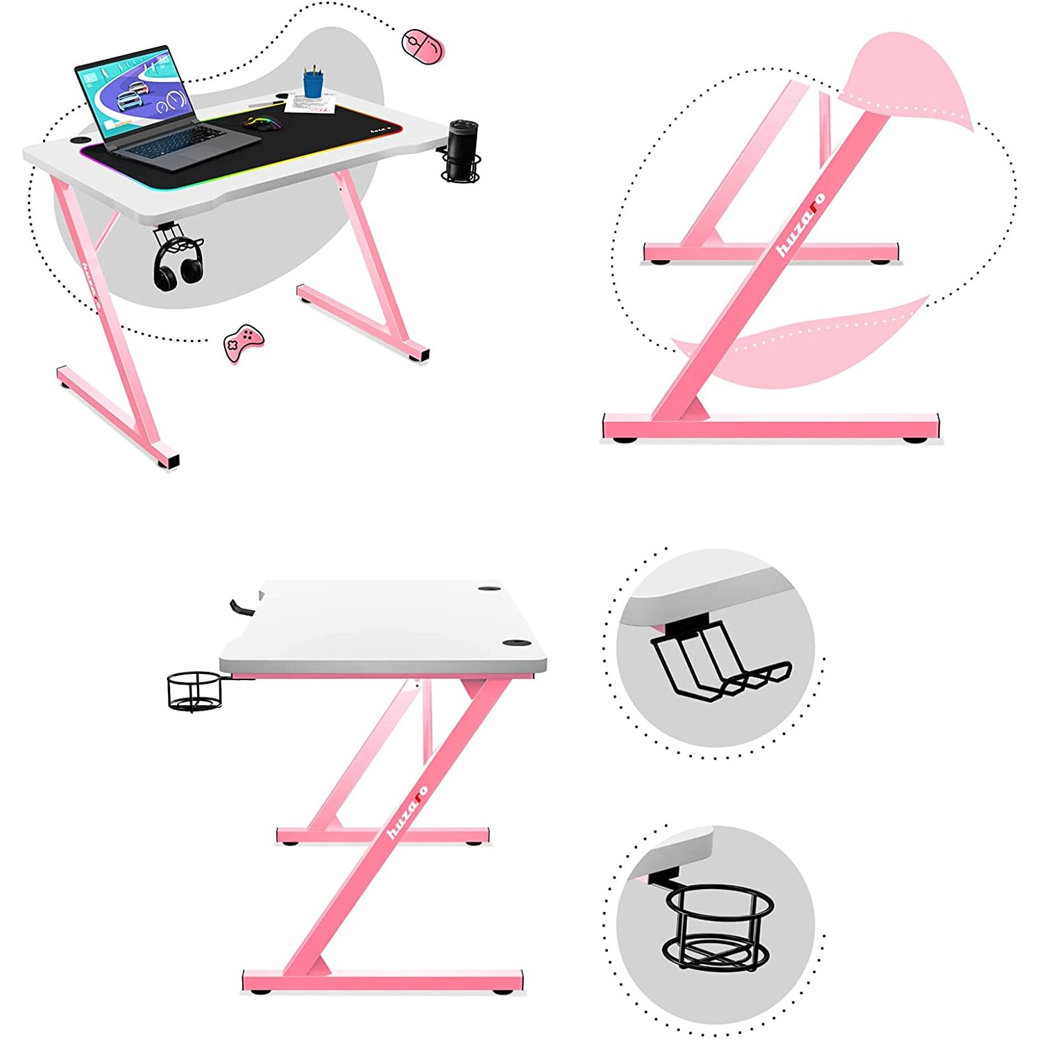 Ein rosa und weißer Gaming-Schreibtisch mit Zubehör.