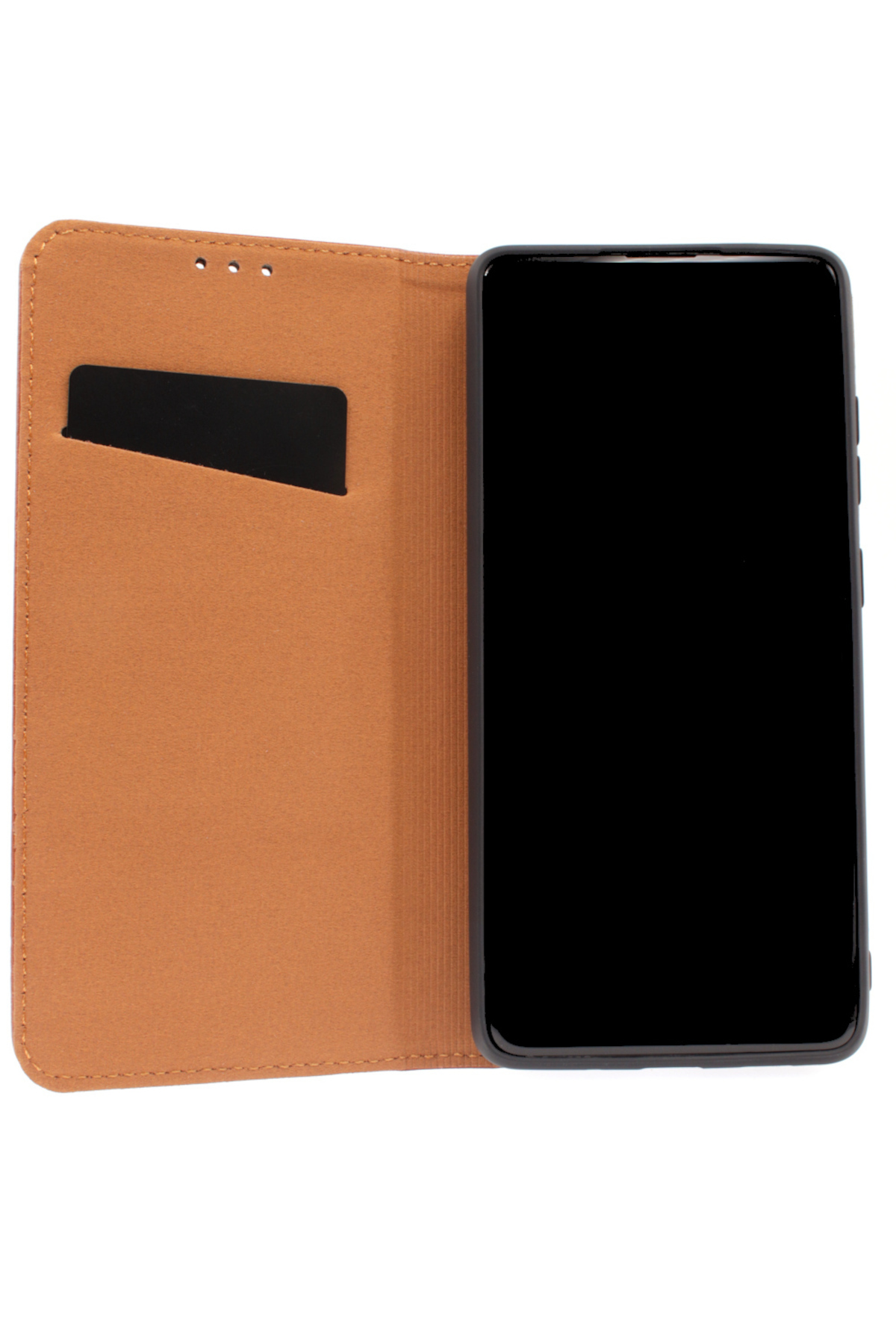 Ein Telefon in einer braunen Brieftasche, der Bildschirm ist schwarz.