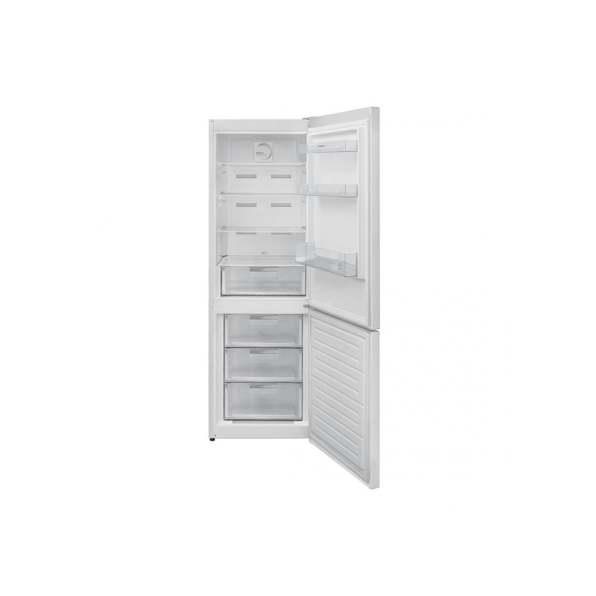 Un refrigerador blanco con la puerta abierta, mostrando estantes y cajones.