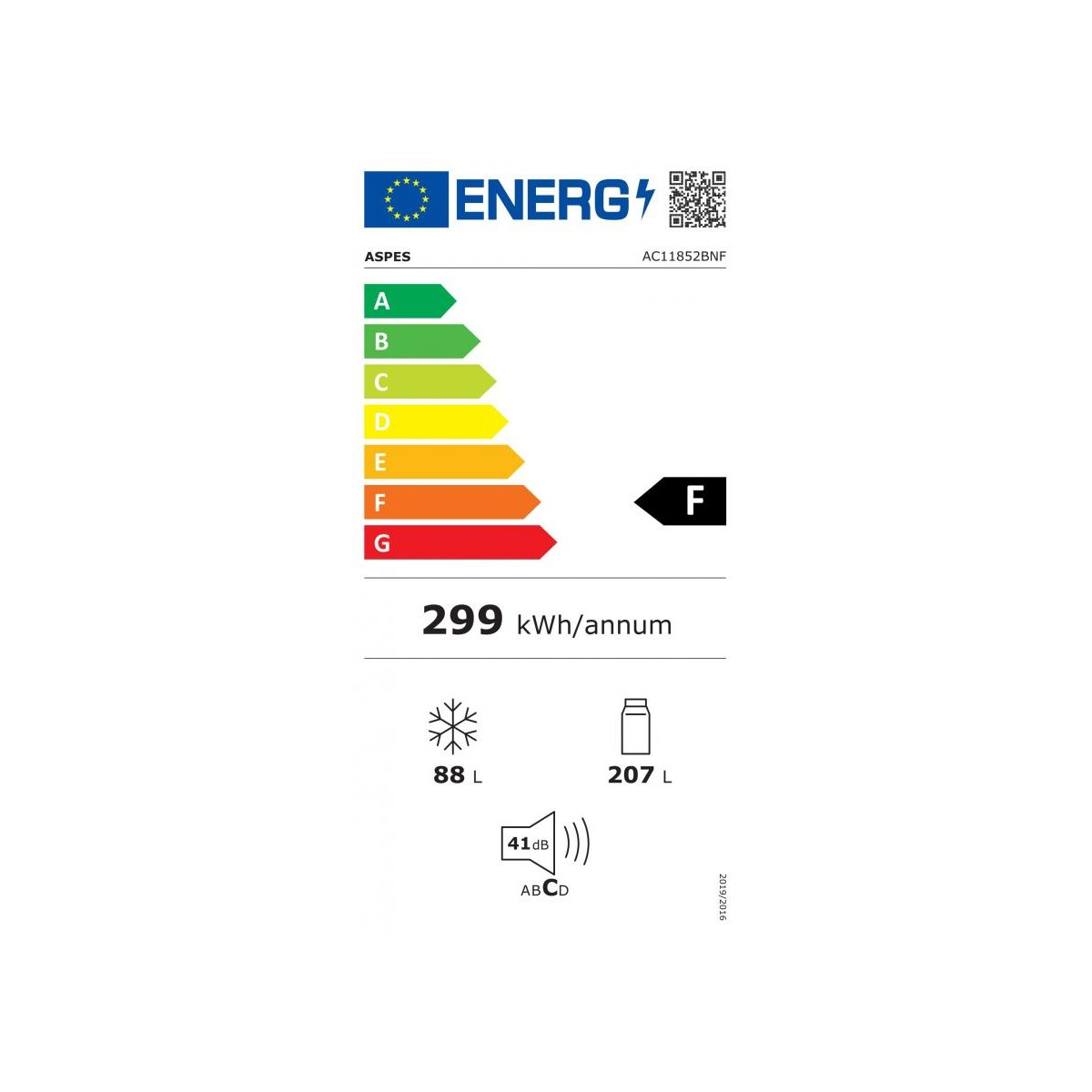 Etiqueta energética. Muestra la clasificación de eficiencia energética, el consumo y otros datos del aparato.