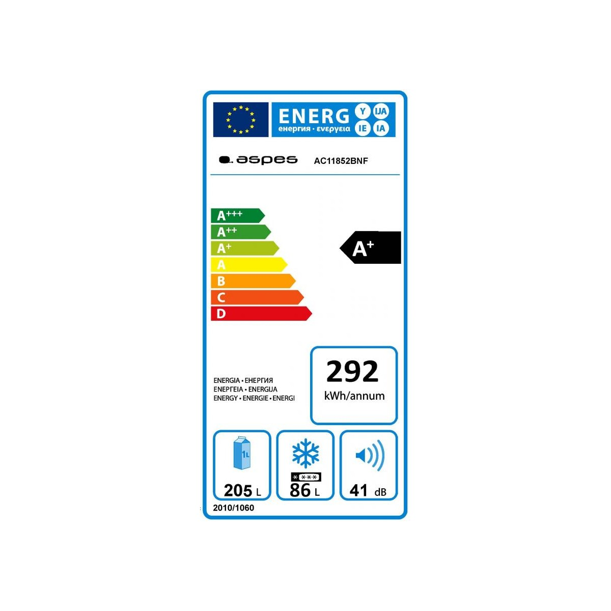 Etiqueta energética de un refrigerador blanco que muestra una clasificación de eficiencia energética A+.