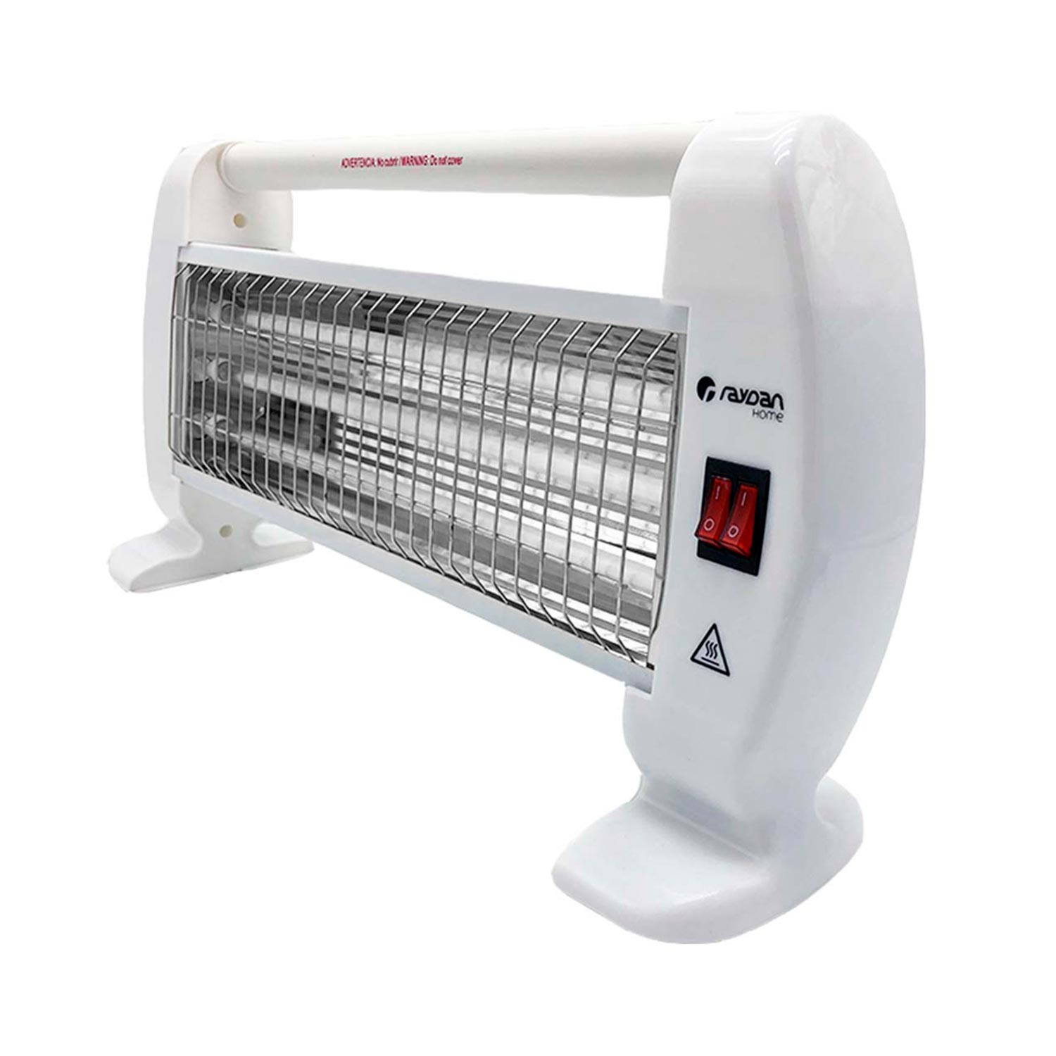 Calentador blanco con interruptor rojo y rejilla metálica, diseño horizontal.