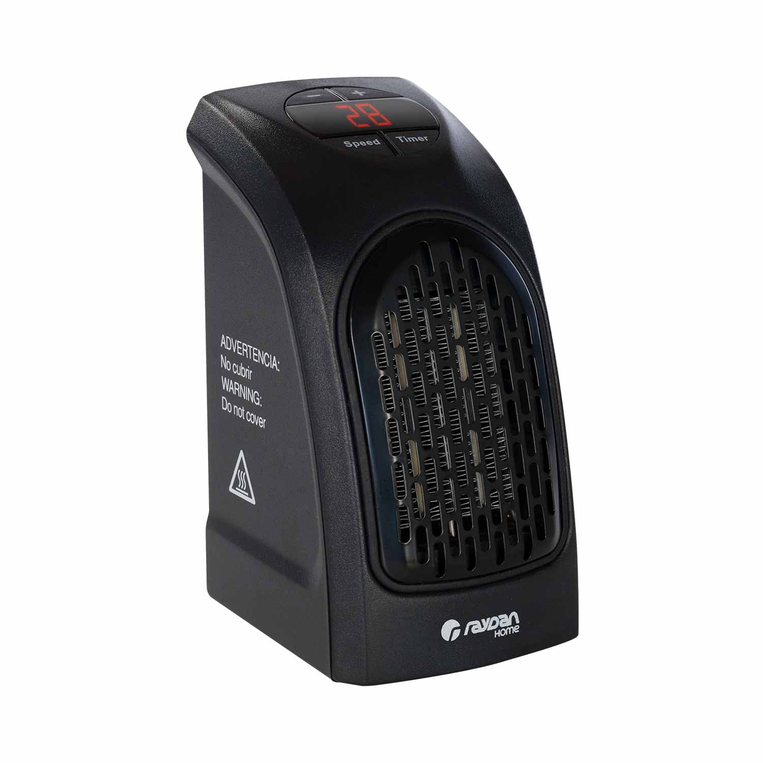 Calentador de espacio portátil negro con pantalla digital que muestra la temperatura y el temporizador.