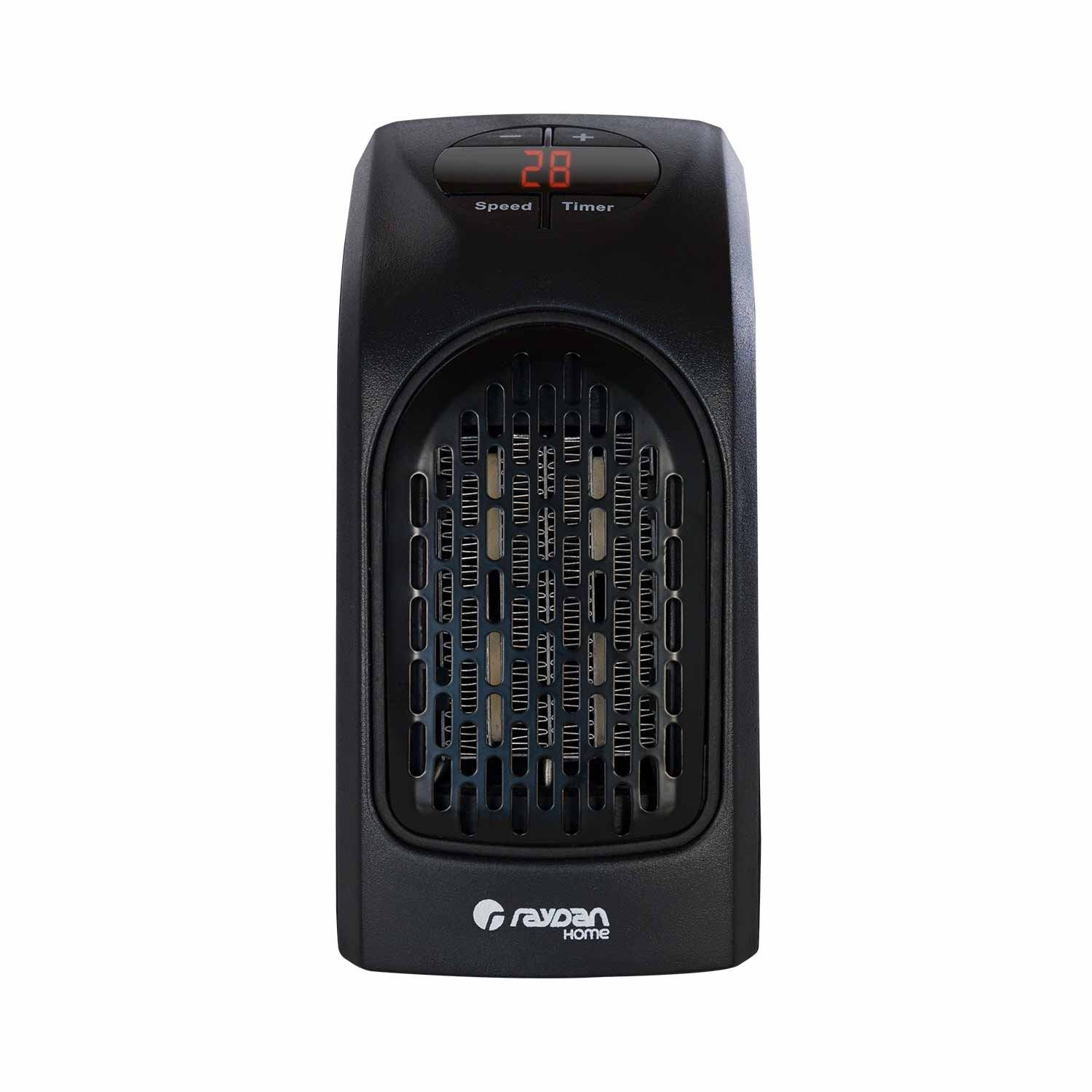 Un calefactor eléctrico negro con pantalla de velocidad y temporizador, aislado sobre fondo blanco.