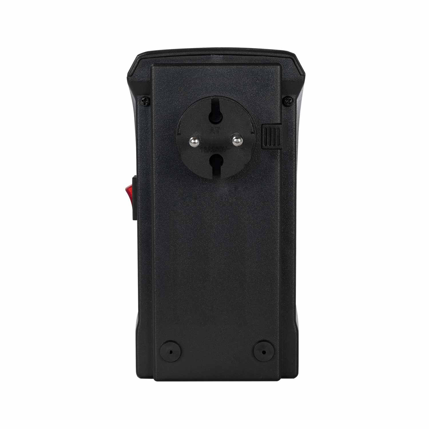 Un calefactor de ventilador negro que muestra su parte trasera y un enchufe.