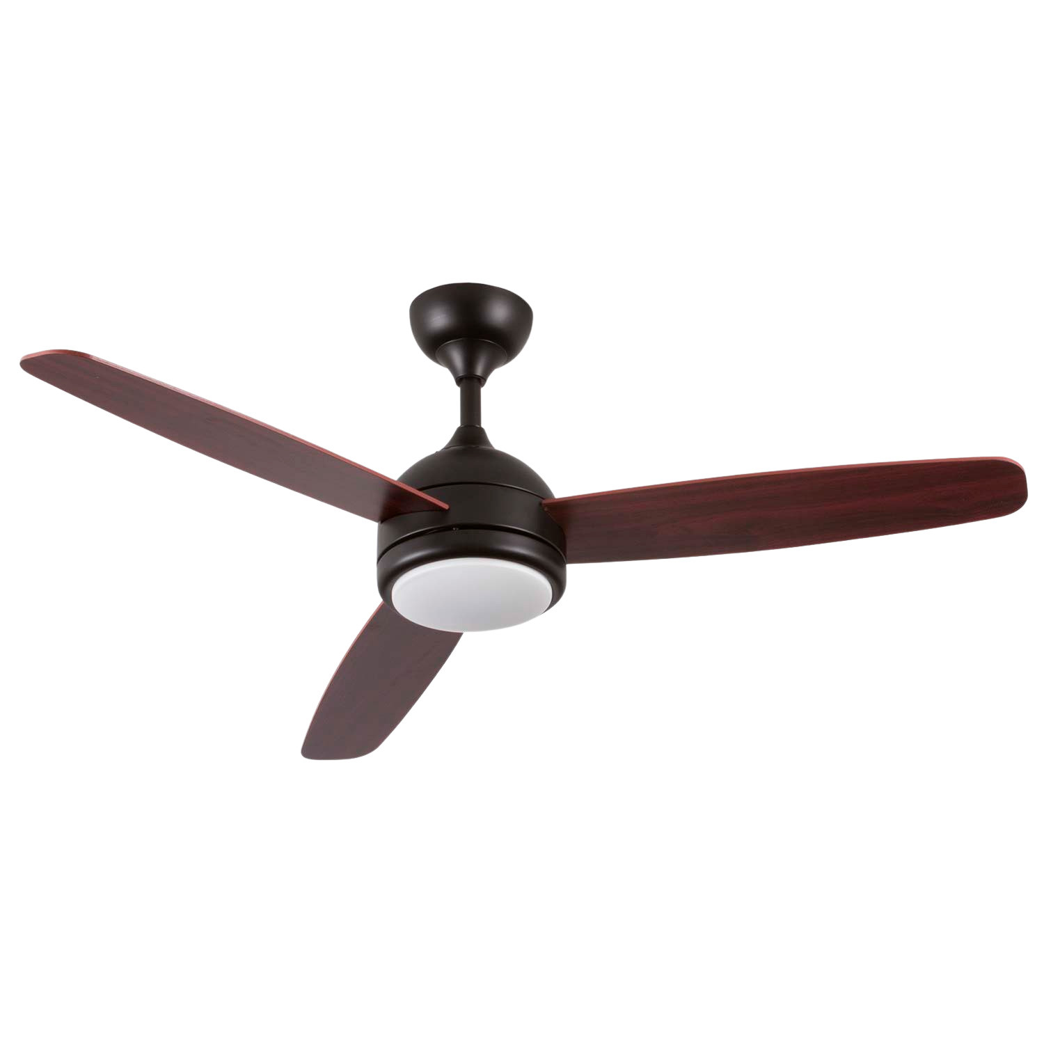 Ventilador de techo con tres aspas marrón oscuro y luz blanca.