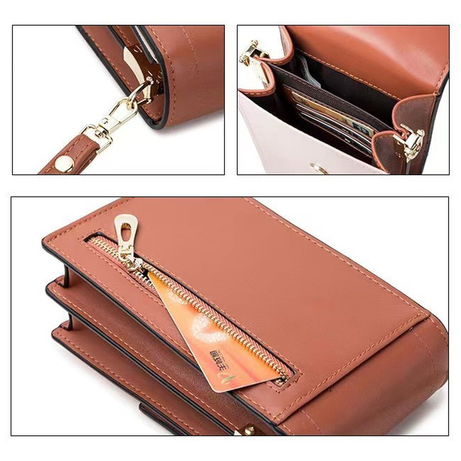 Nahaufnahme einer braunen Handtasche, die Details des Designs zeigt, mit weißem Hintergrund.