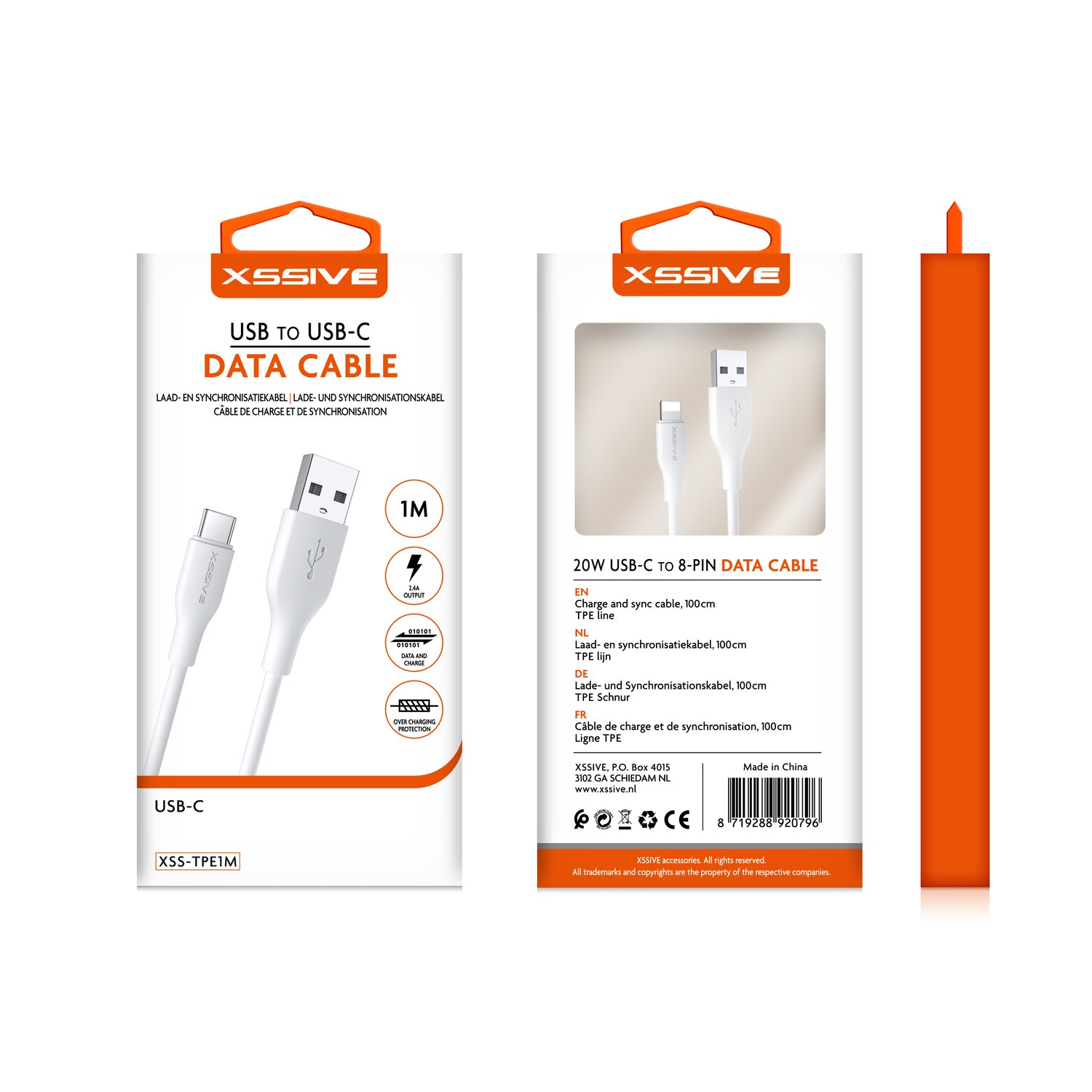 Verpackung und Kabel für weißes USB-zu-USB-C-Datenkabel auf weißem Hintergrund.