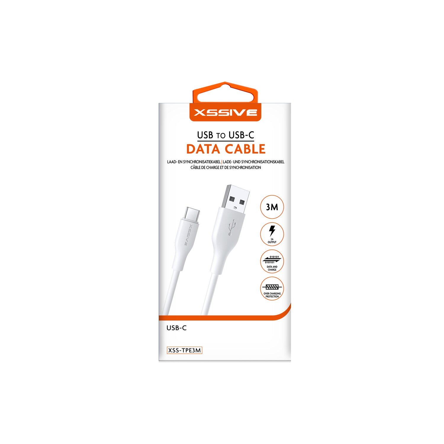 Ein weißes USB-zu-USB-C-Datenkabel in einer Verpackung. Das Kabel ist weiß.