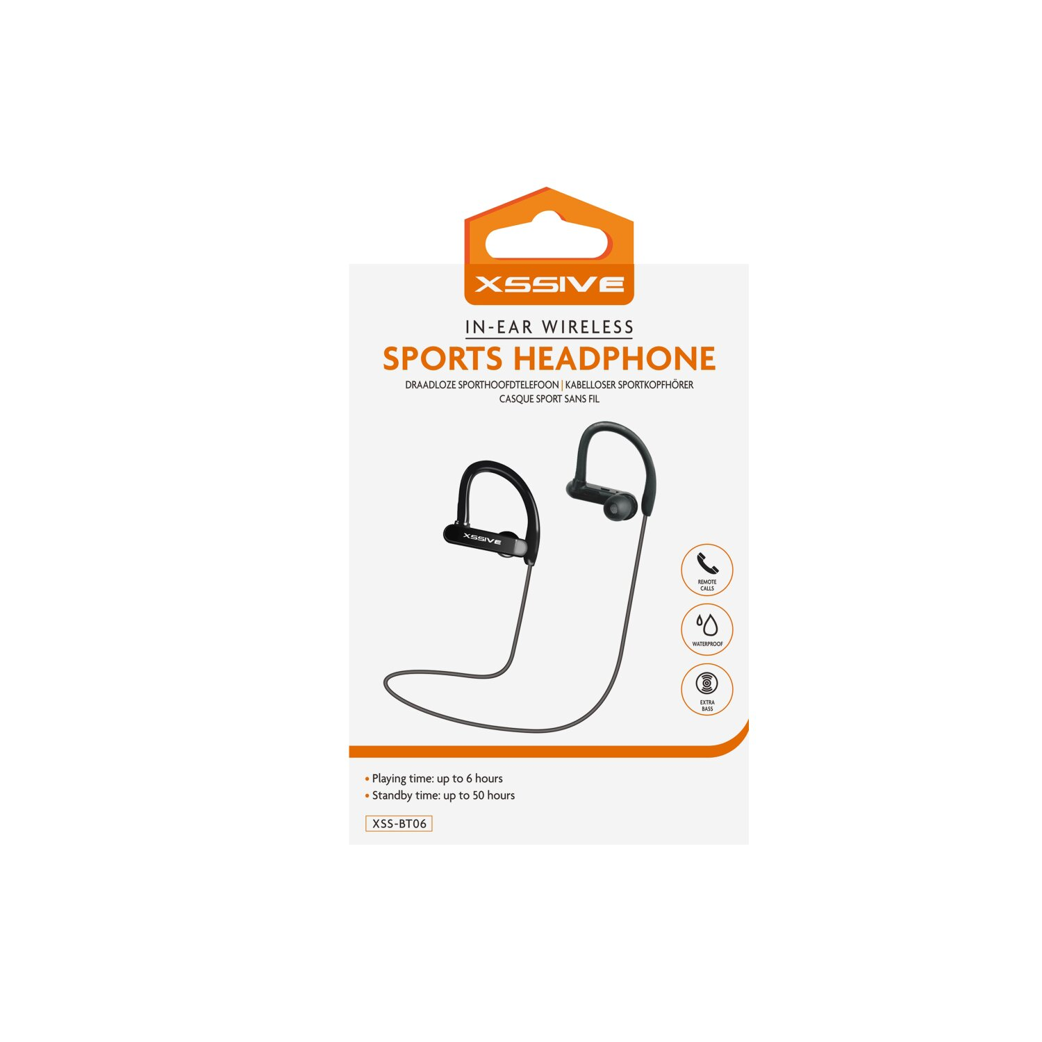 In-Ear-Wireless-Sportkopfhörer mit Verpackung. Enthält Kopfhörer und Symbole für die Verwendung.
