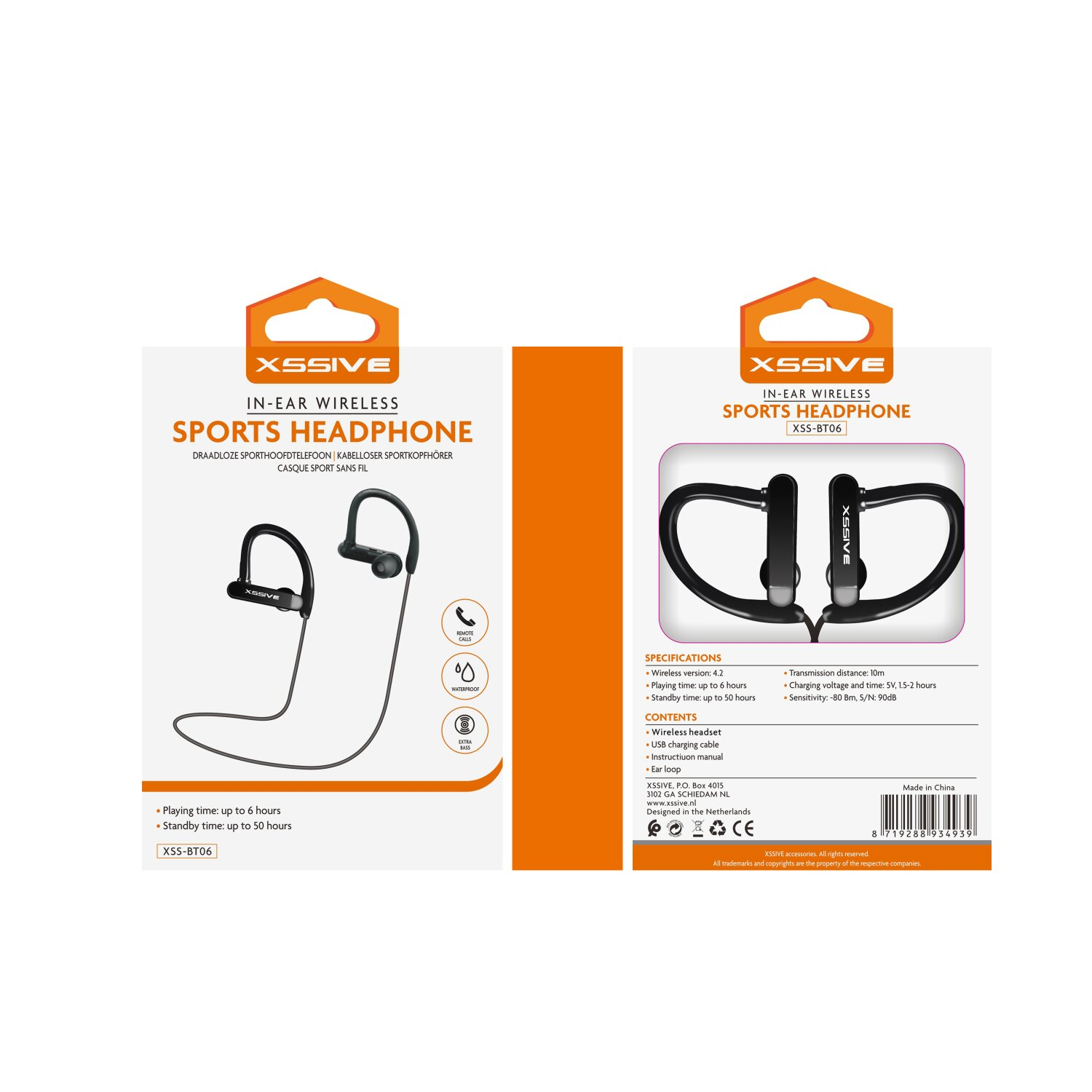 Kopfhörerbox mit Produktinformationen. Die Kopfhörer sind schwarz und haben ein Kabel.