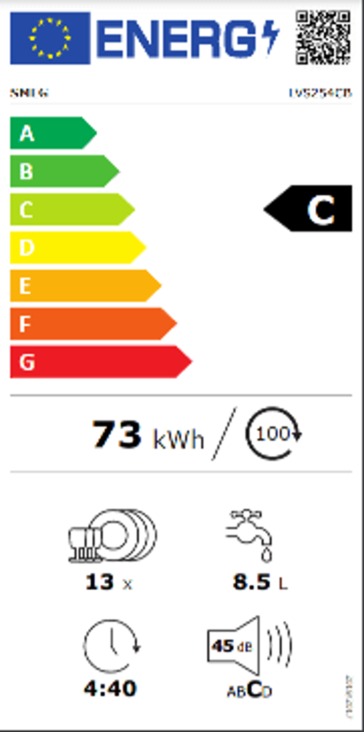Una etiqueta de eficiencia energética con clasificación C. Detalles de lavavajillas: kWh, litros, dB y tiempo de ciclo.