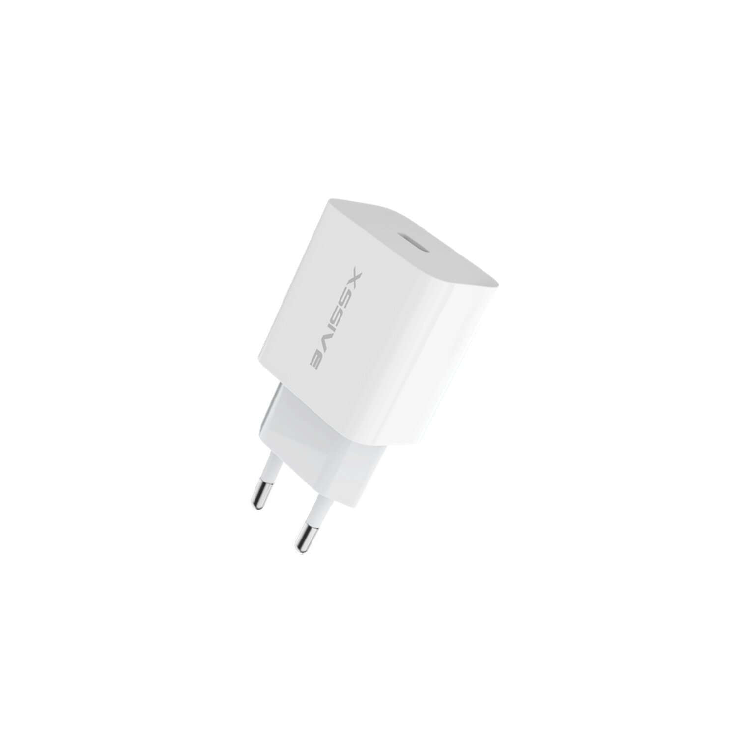 Weißes Telefonladegerät. Es hat zwei Stifte und einen USB-C-Anschluss.
