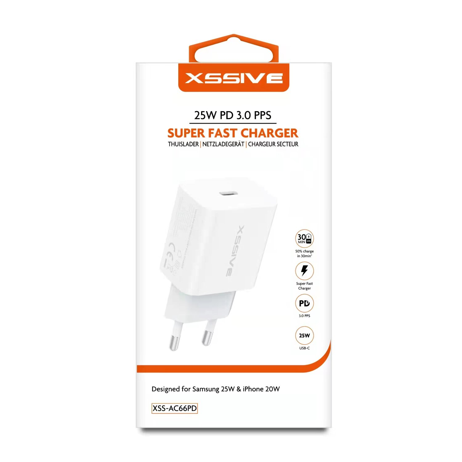 Eine weiße Ladegerät-Box mit Stecker, der Text lautet 'SUPER FAST CHARGER'. Die Verpackung ist weiß.