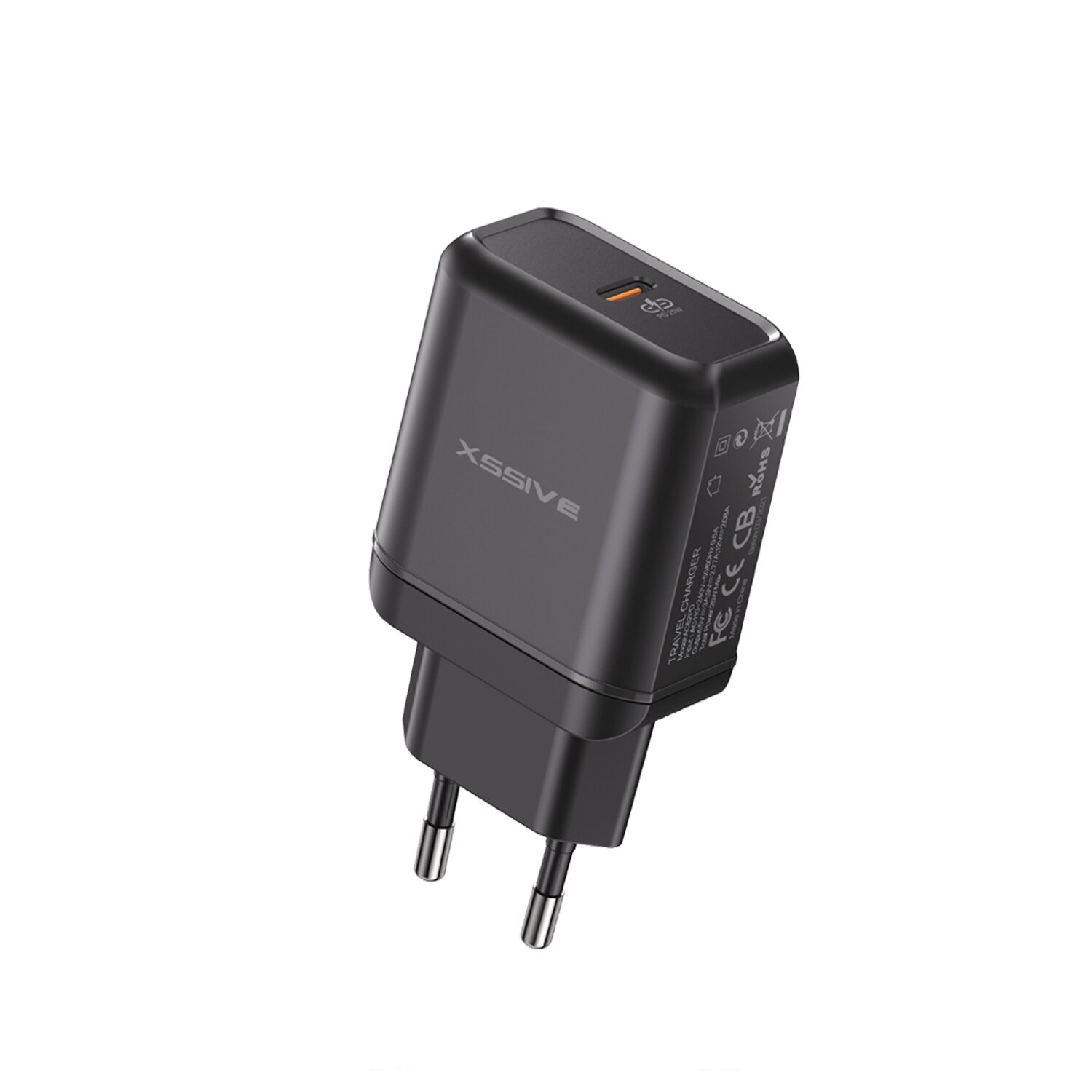 Schwarzes XSSIVE-Ladegerät mit EU-Stecker.